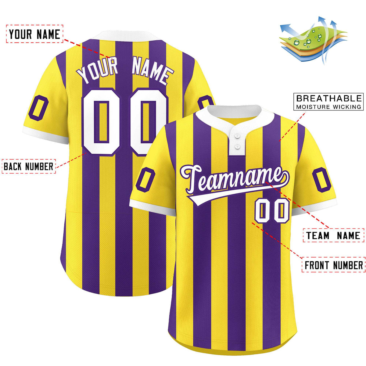 Custom Gold Purple Stripe Fashion Authentic Two-Button Baseball Jersey