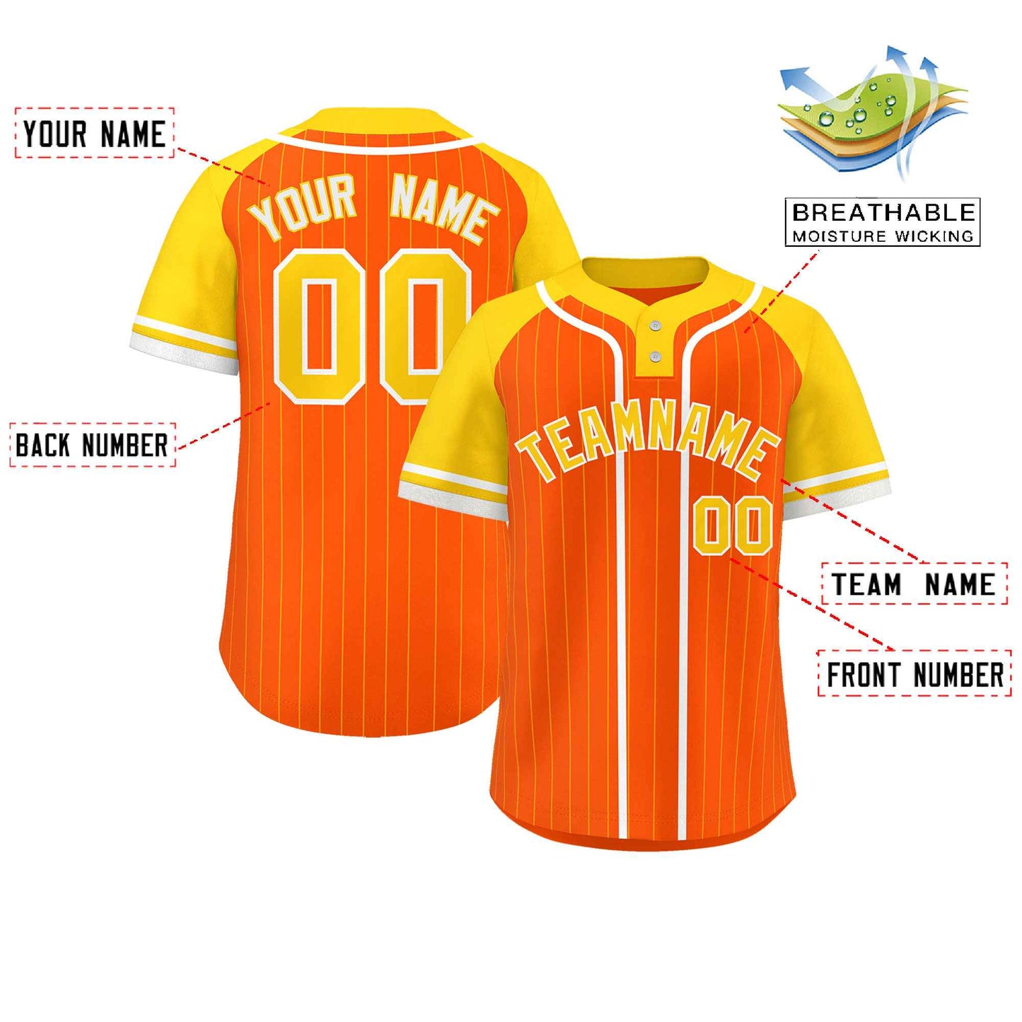 Custom Orange Gold-White Stripe Fashion Raglan Sleeves Authentic Two-Button Baseball Jersey