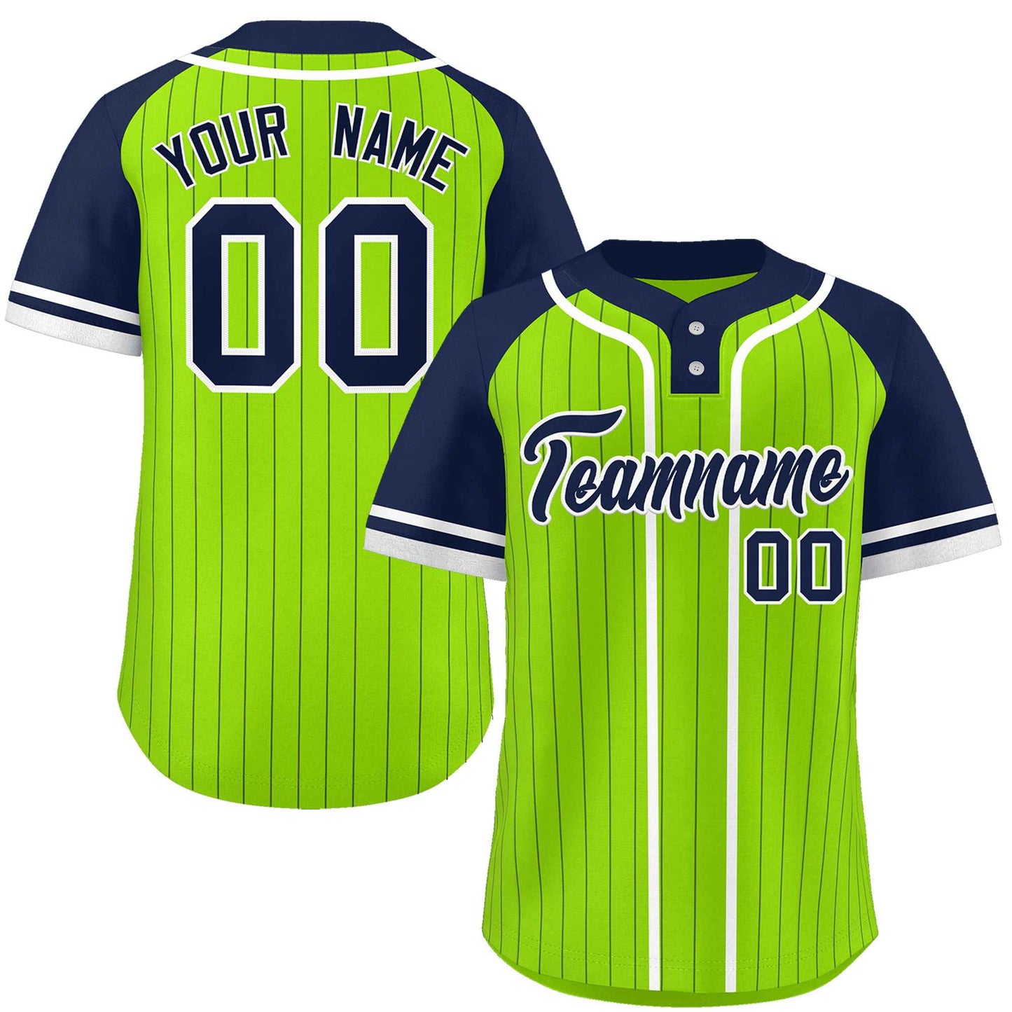 Custom Neon Green Navy-White Stripe Fashion Raglan Sleeves Authentic Two-Button Baseball Jersey