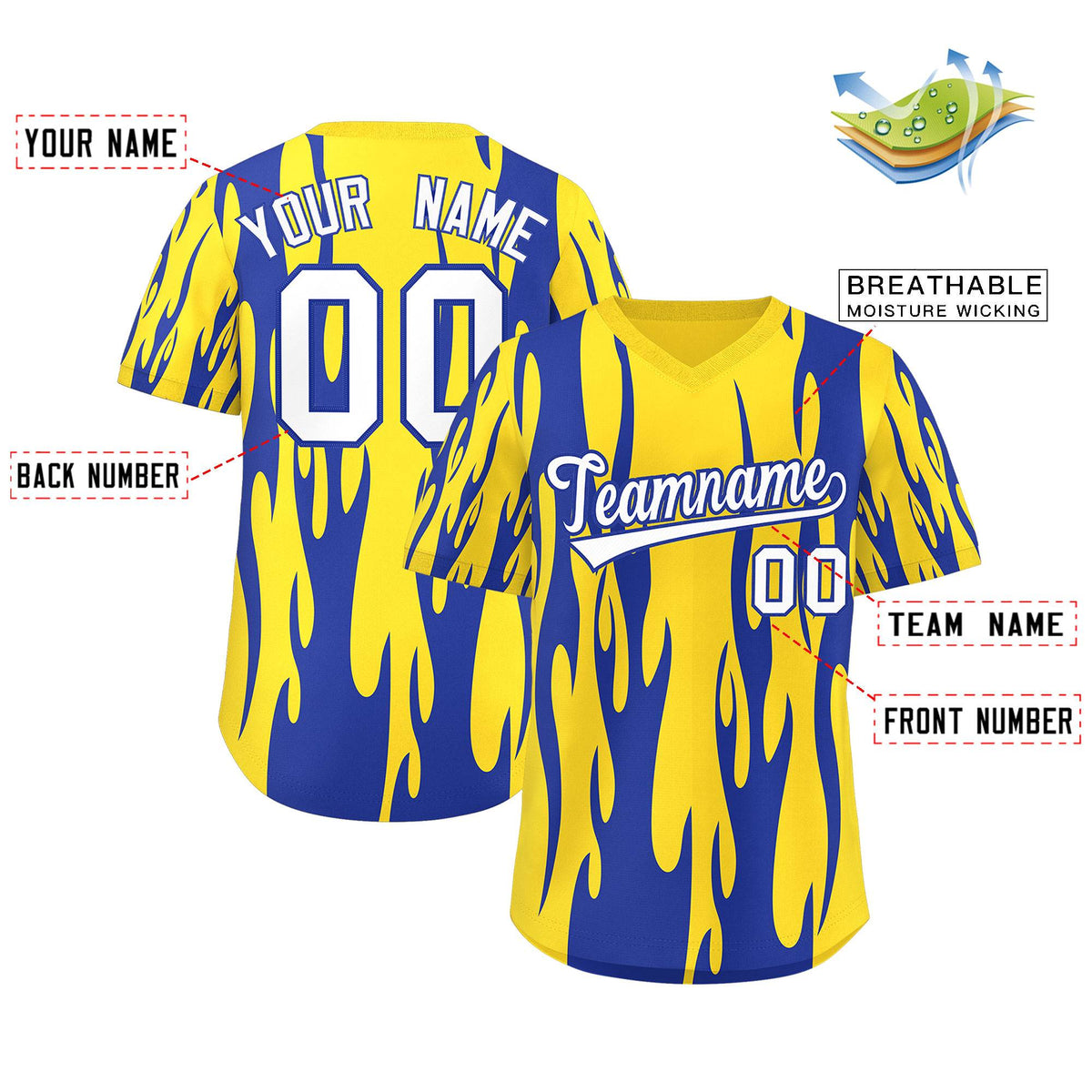 Custom Gold Royal Flame Pattern Authentic Pullover Baseball Jersey