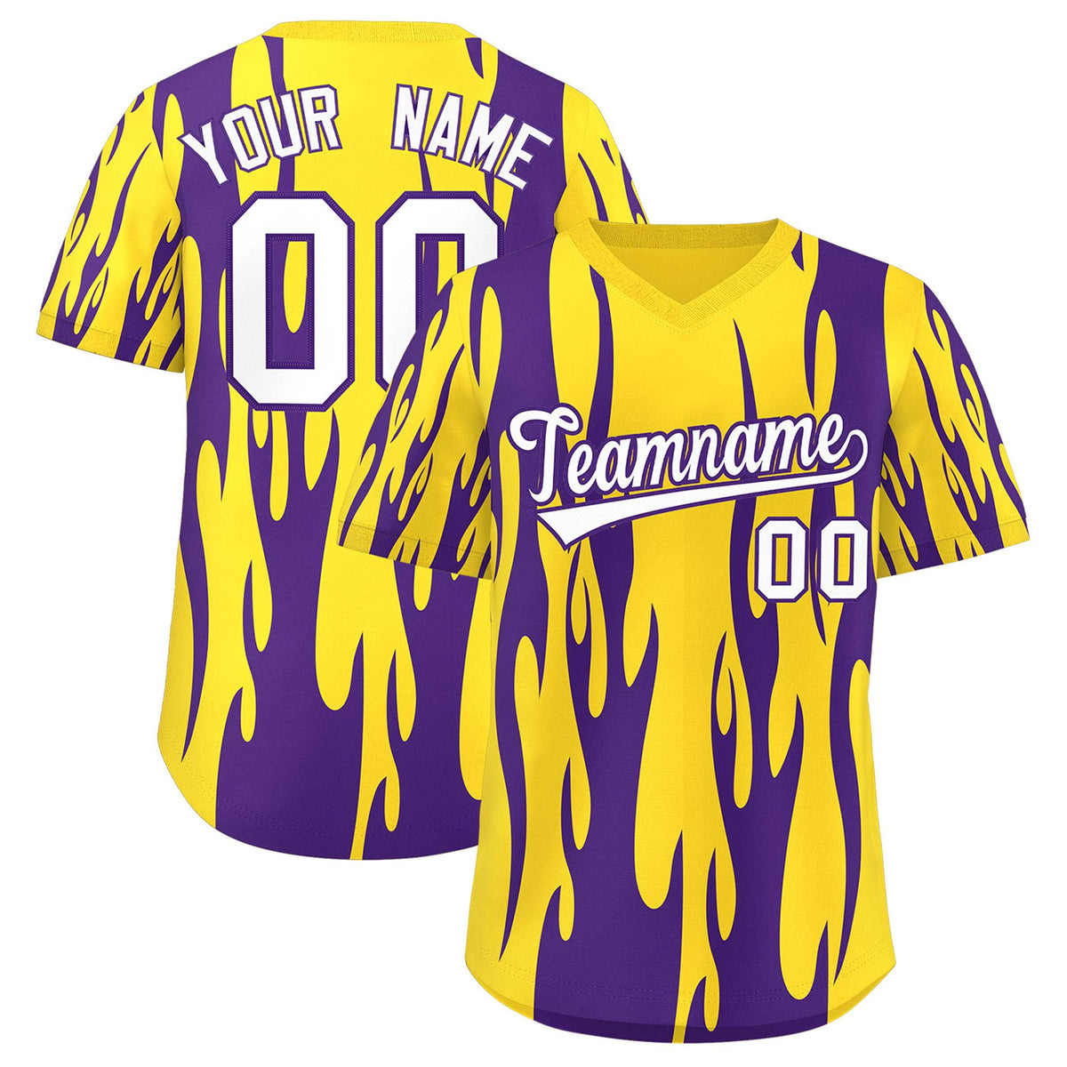Custom Gold Purple Flame Pattern Authentic Pullover Baseball Jersey