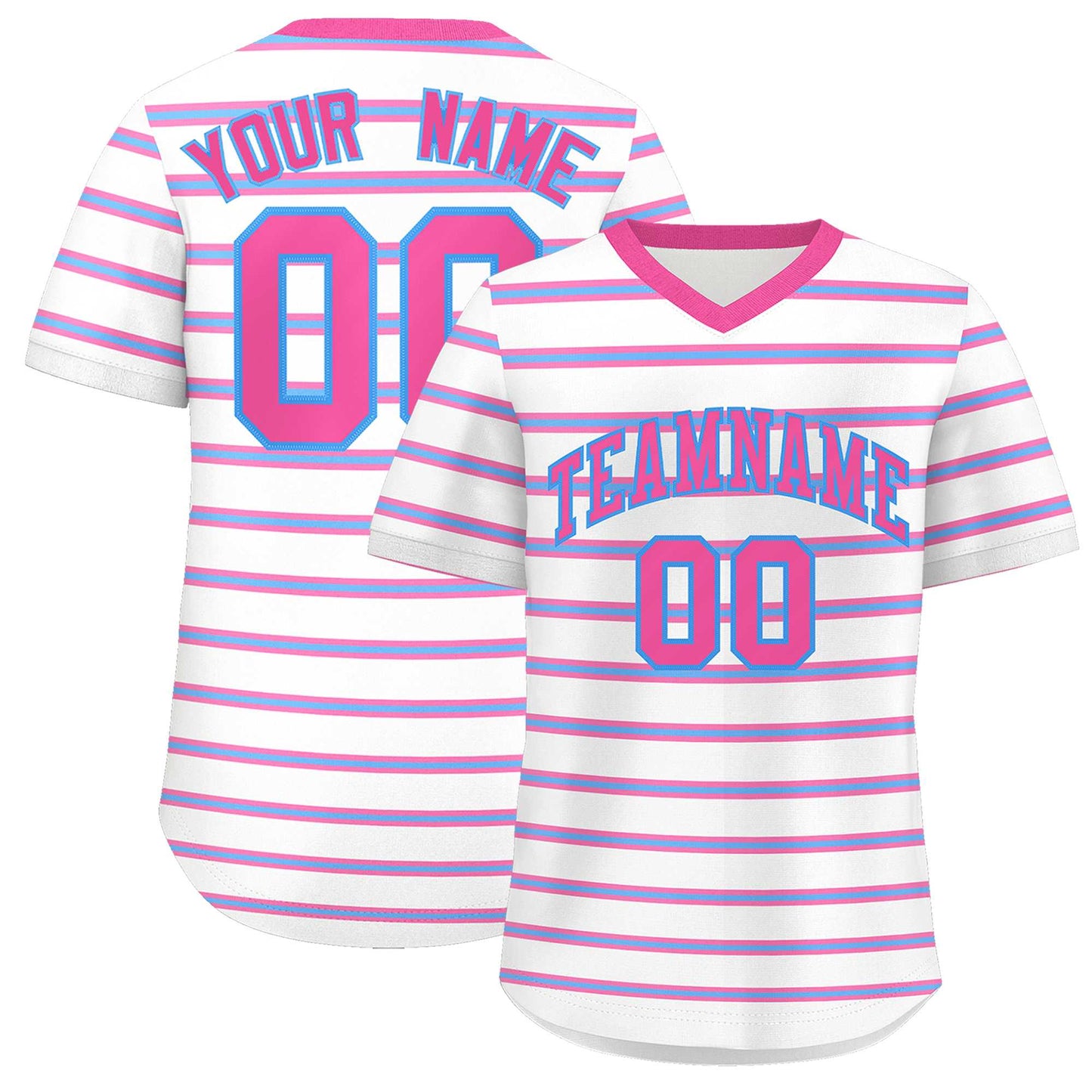 Custom White Pink-Powder Blue Personalized Horizontal Stripe Authentic Pullover Baseball Jersey