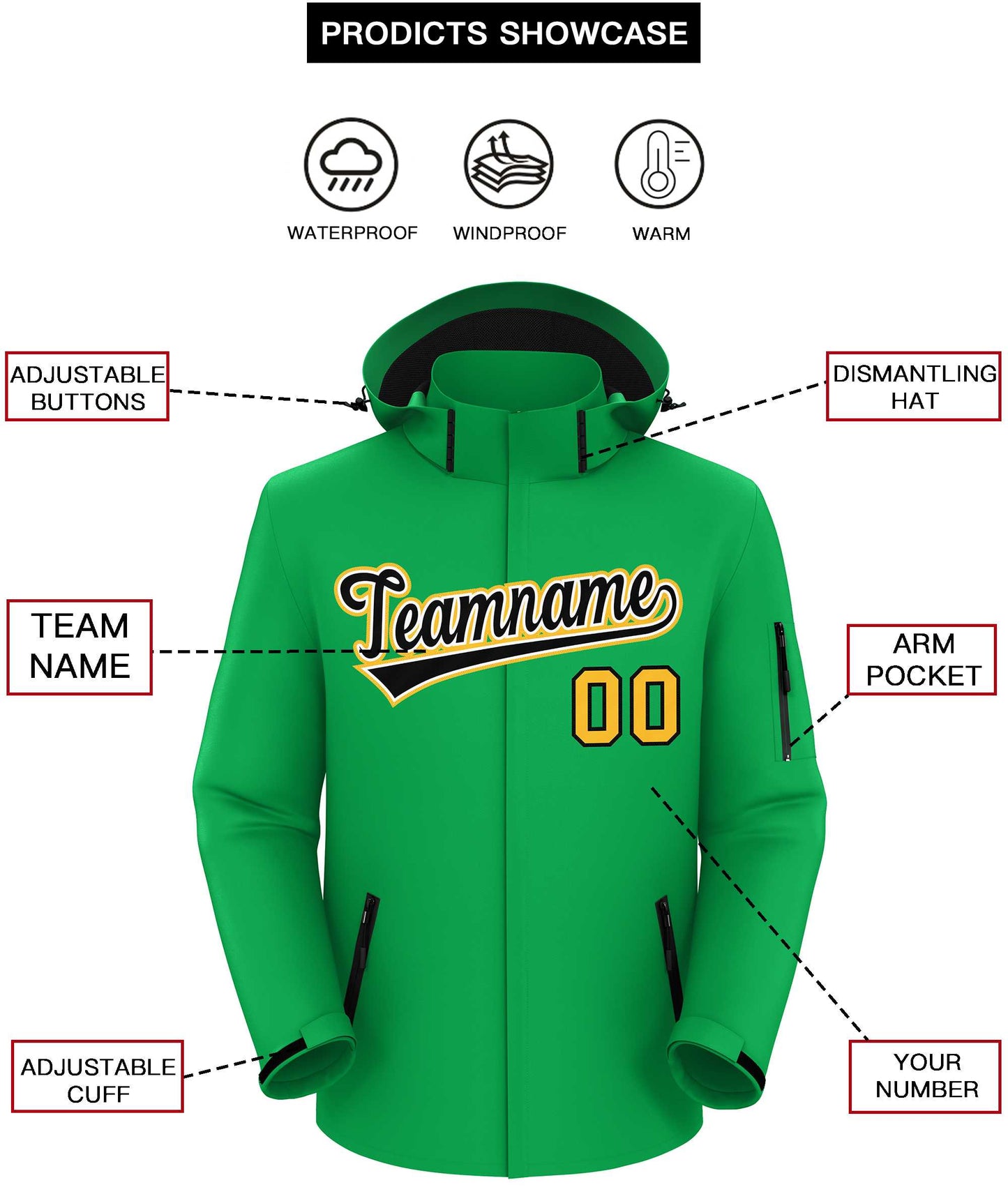 Custom Kelly Green Black-Gold Classic Style Waterproof Jacket