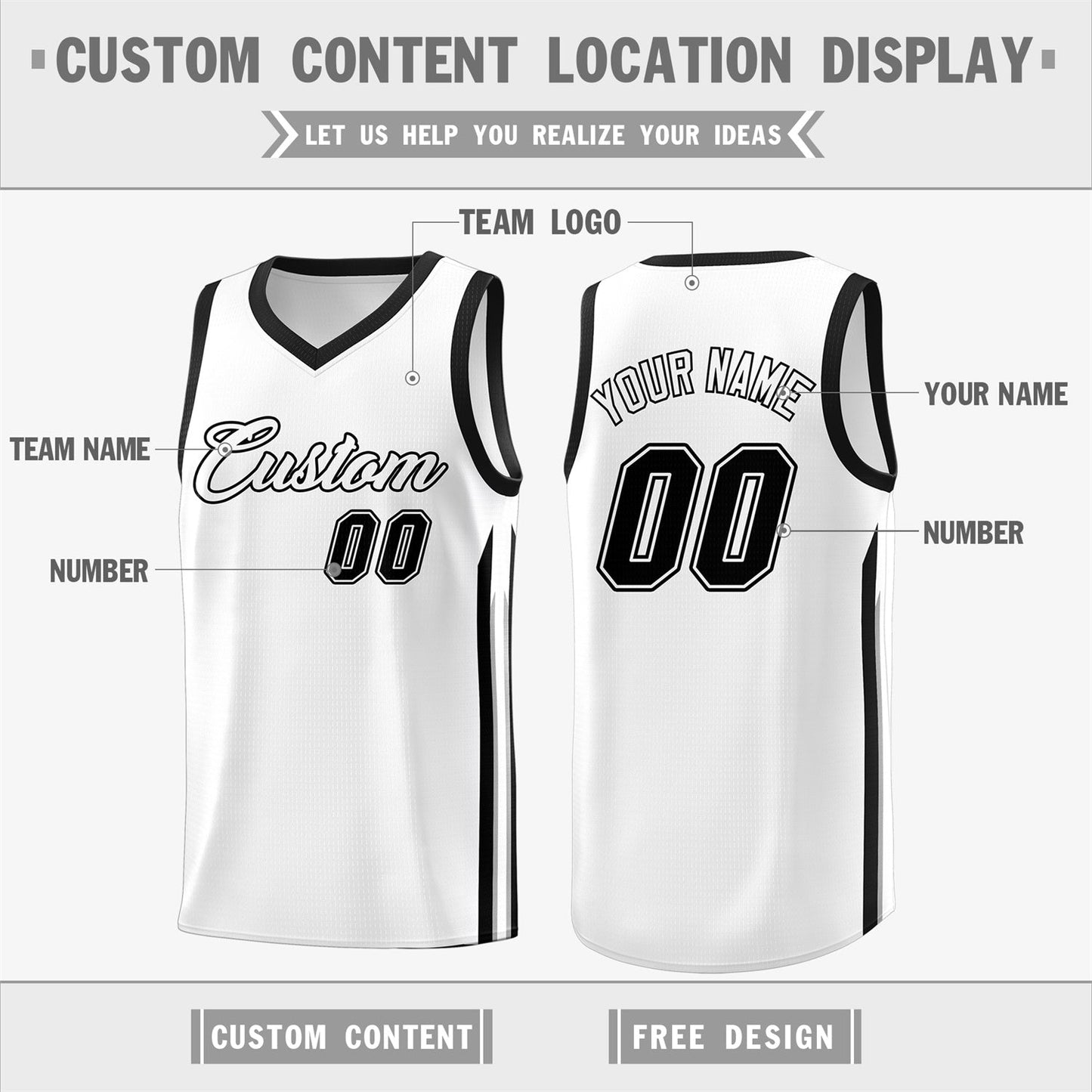 Custom White Black Classic Tops Fashion Sportwear Basketball Jersey