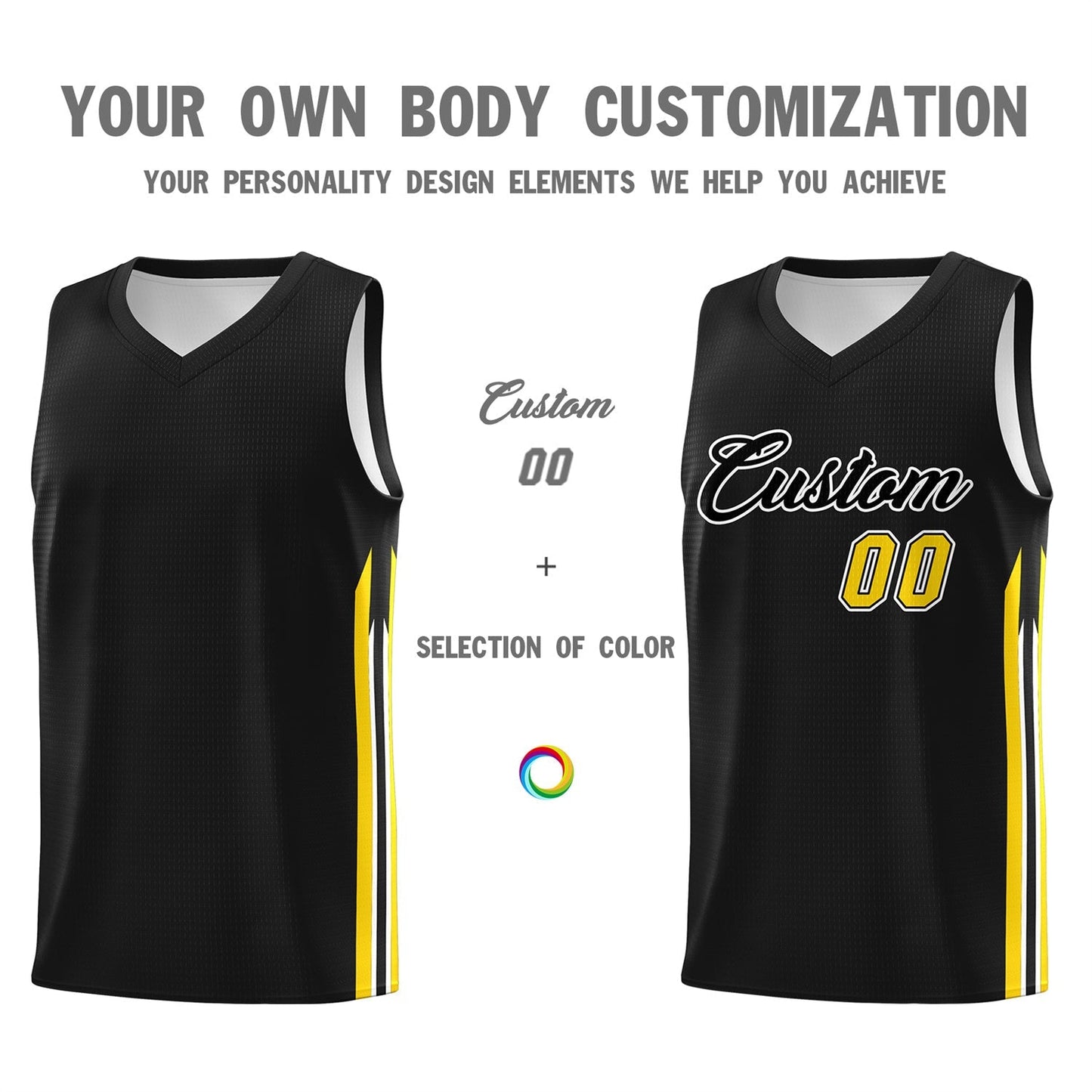 Custom Black Yellow Classic Tops Sport Game Basketball Jersey