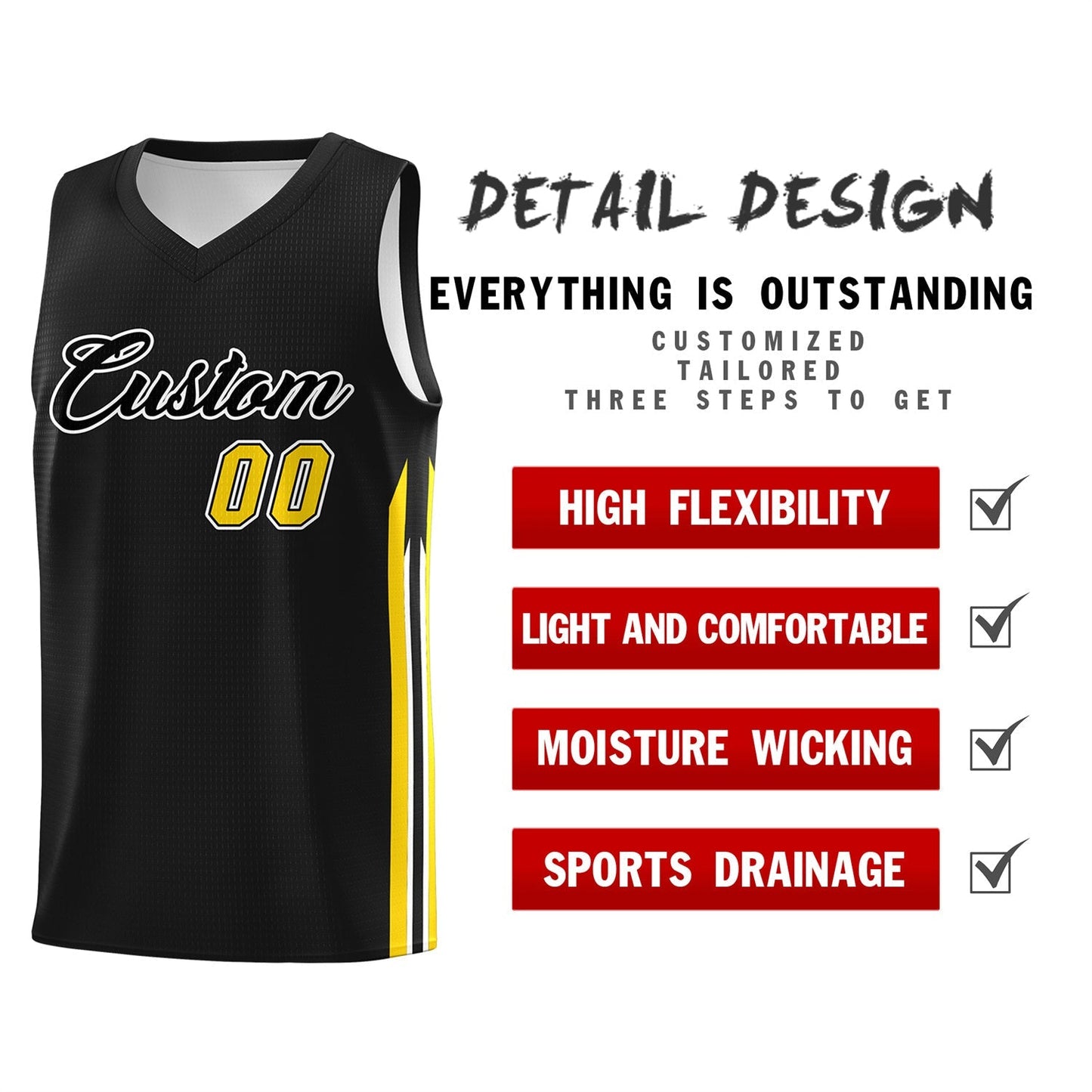 Custom Black Yellow Classic Tops Sport Game Basketball Jersey