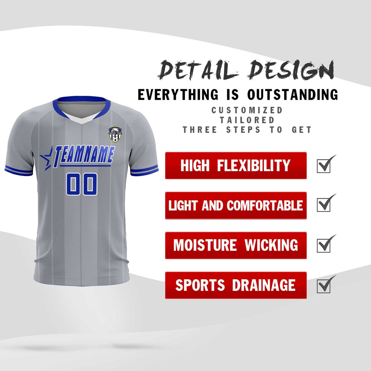 Custom Gray Classic Striped Personalized Soccer Tops/Sets Jersey