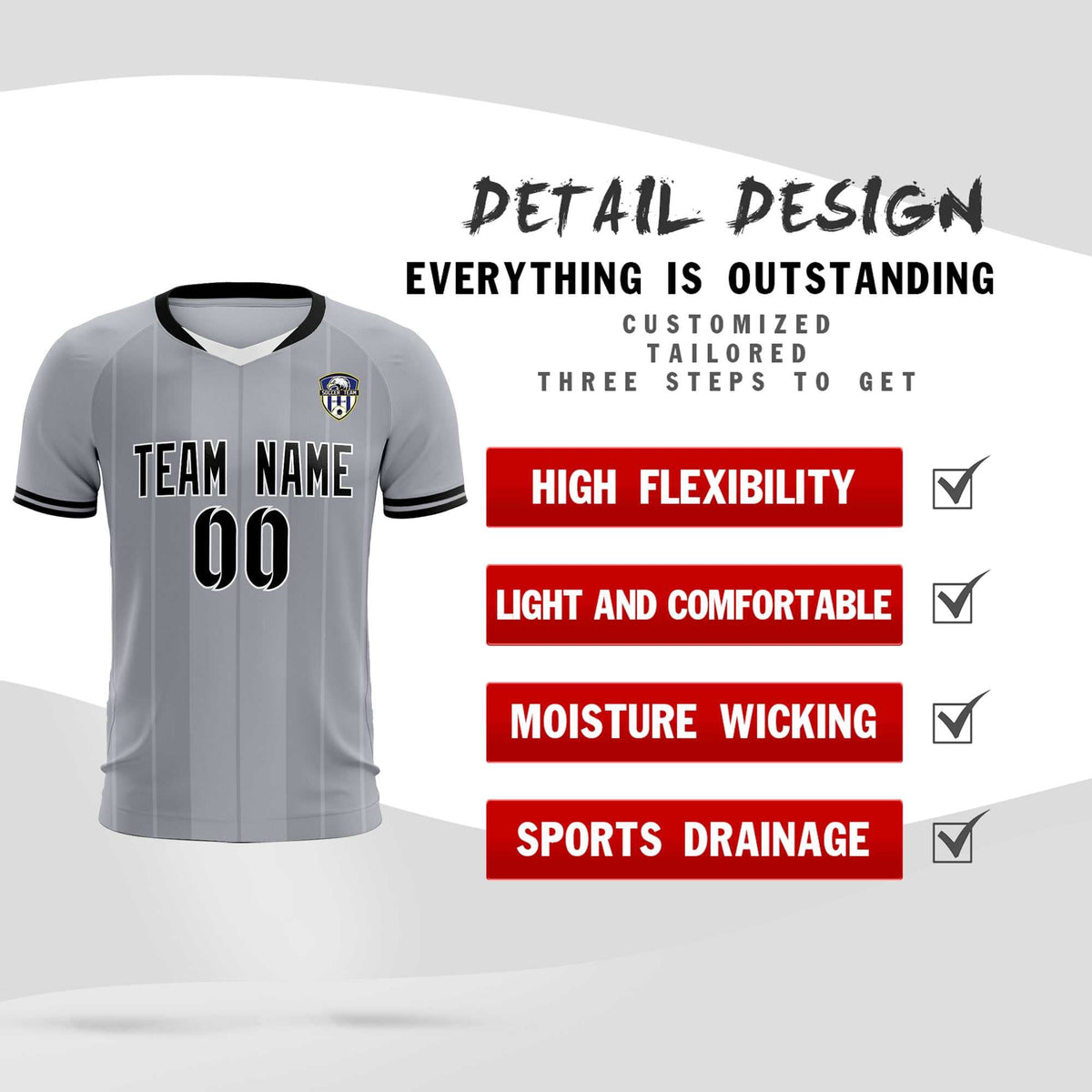 Custom Gray Classic Striped Personalized Soccer Tops/Sets Jersey