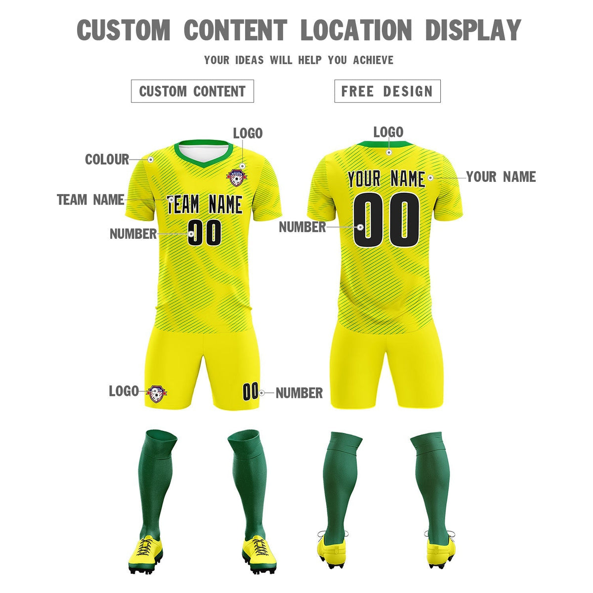 Custom Gold Kelly Green Training Uniform For Men Soccer Sets Jersey