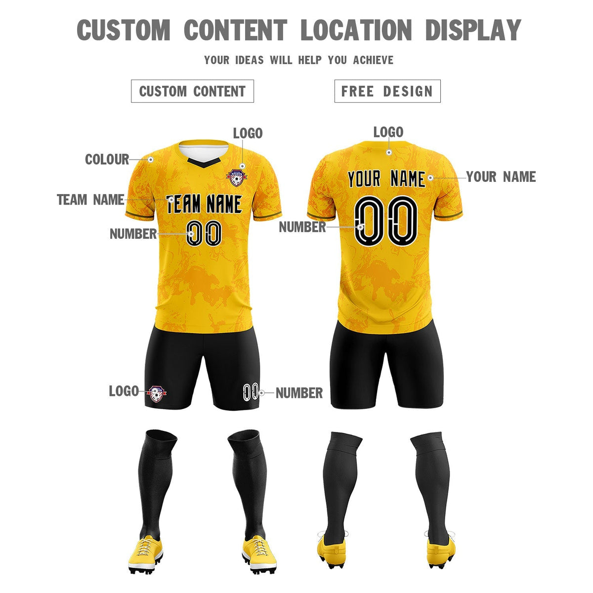 Custom Gold Classic Graffiti Pattern Sportswear Soccer Tops/Sets Jersey