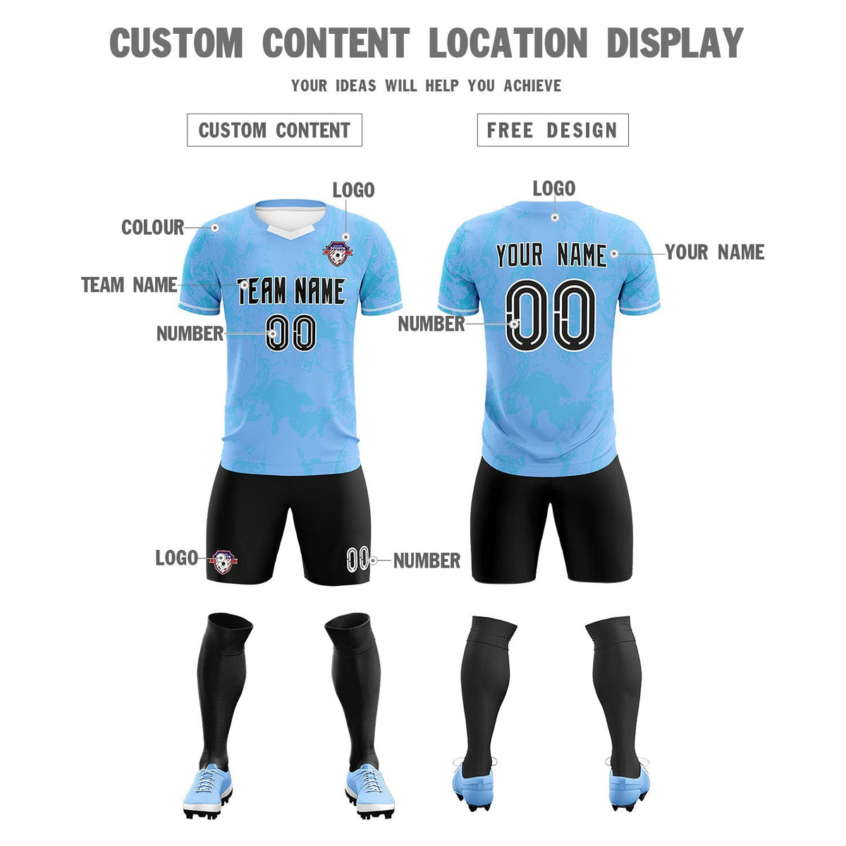 Custom Light Blue Classic Graffiti Pattern Sportswear Soccer Tops/Sets Jersey