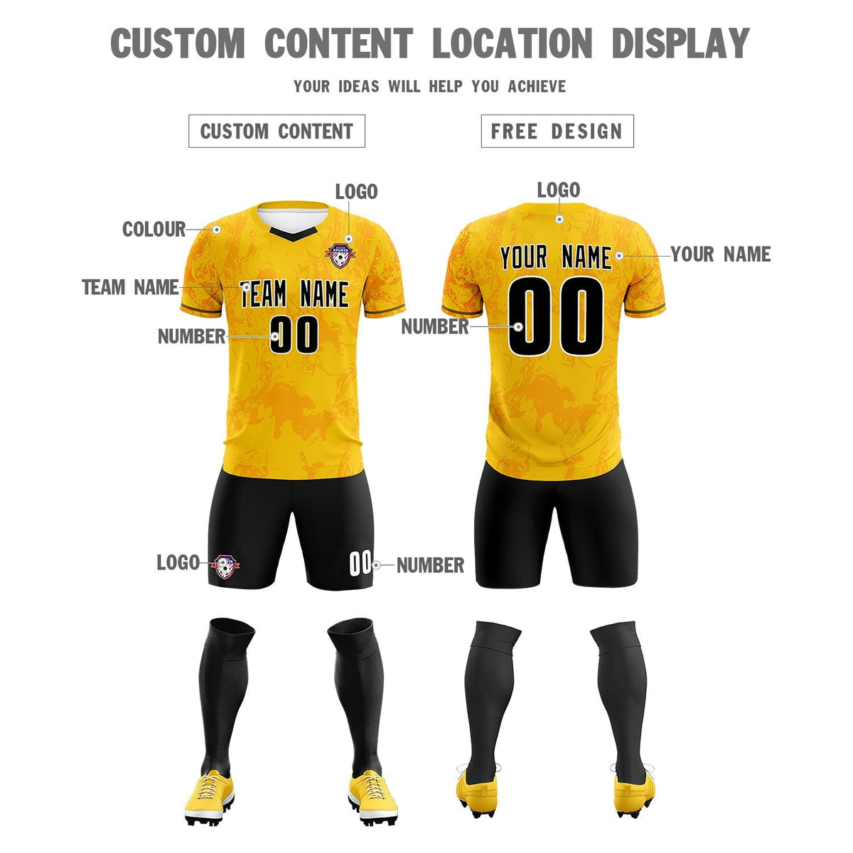 Custom Gold Classic Graffiti Pattern Sportswear Soccer Tops/Sets Jersey