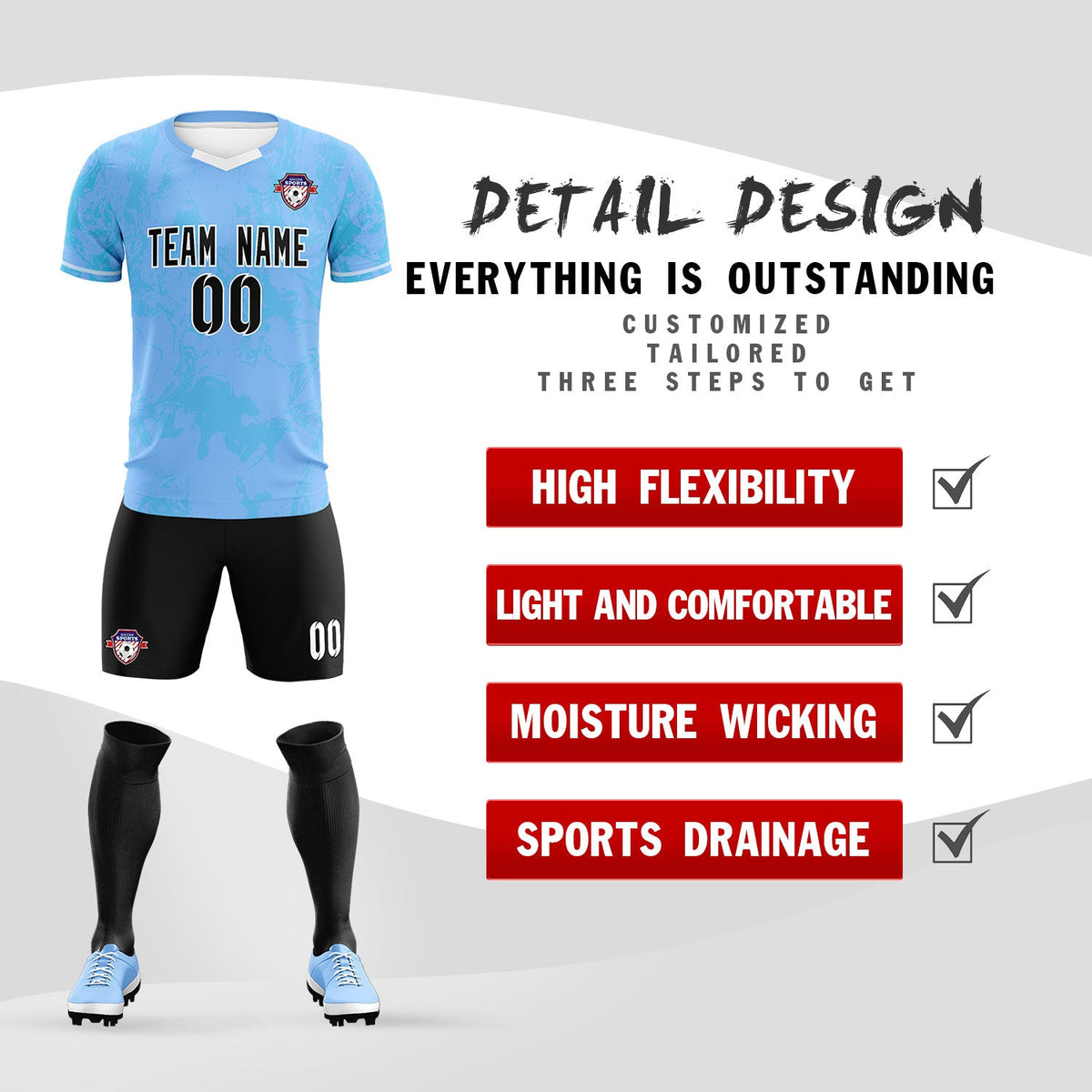 Custom Light Blue Classic Graffiti Pattern Sportswear Soccer Tops/Sets Jersey