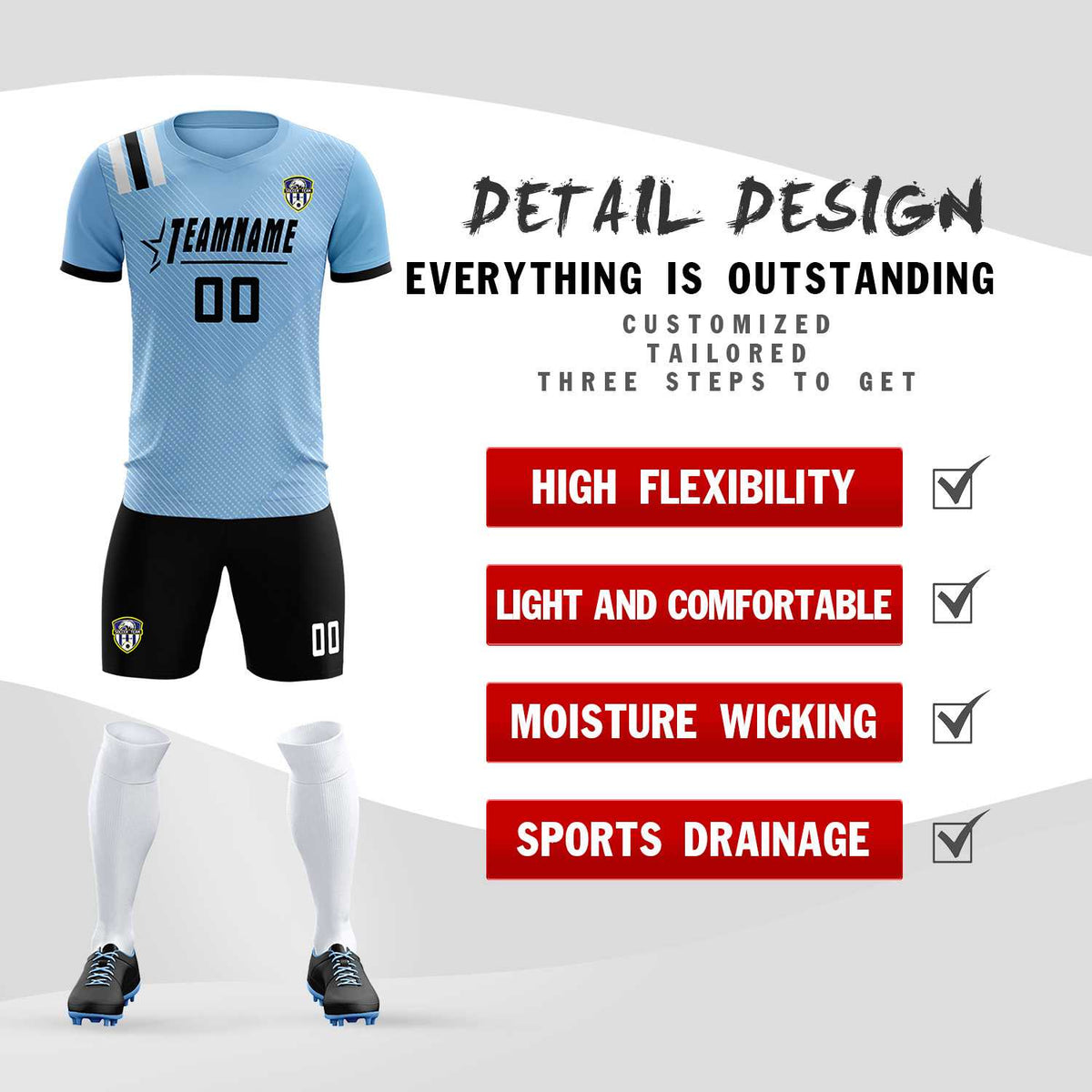 Custom Light Blue Striped Sportswear Soccer Tops/Sets Jersey For Adults