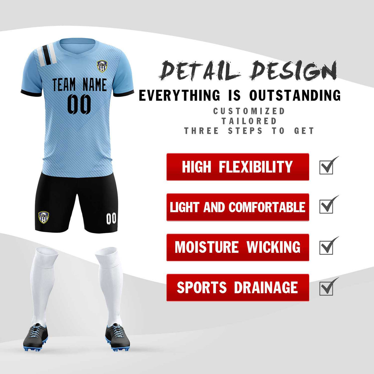 Custom Light Blue Striped Sportswear Soccer Tops/Sets Jersey For Adults