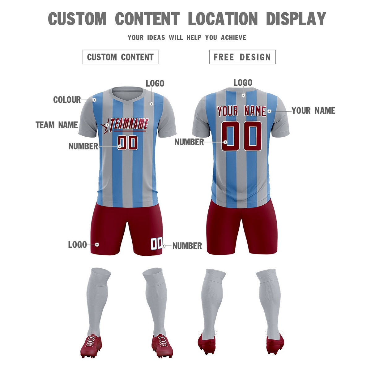 Custom Gray Light Blue Vertical Stripes Casual Outdoor Soccer Sets Jersey