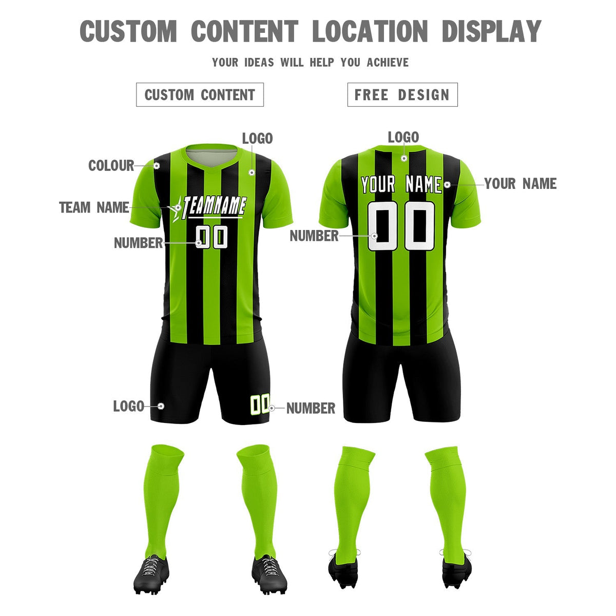 Custom Neon Green Black Vertical Stripes Casual Outdoor Soccer Sets Jersey