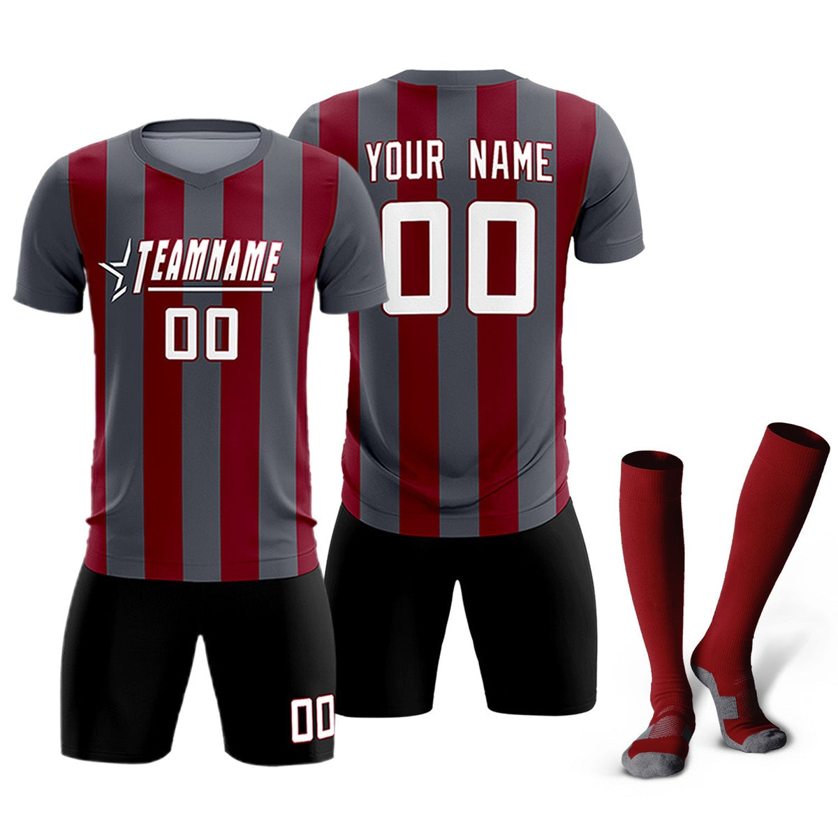 Custom Dark Gray Crimson Vertical Stripes Casual Outdoor Soccer Sets Jersey