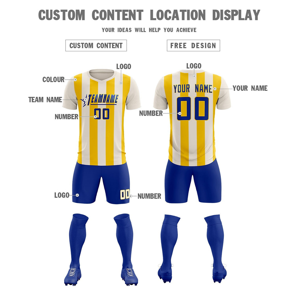 Custom Cream Gold Vertical Stripes Casual Outdoor Soccer Sets Jersey