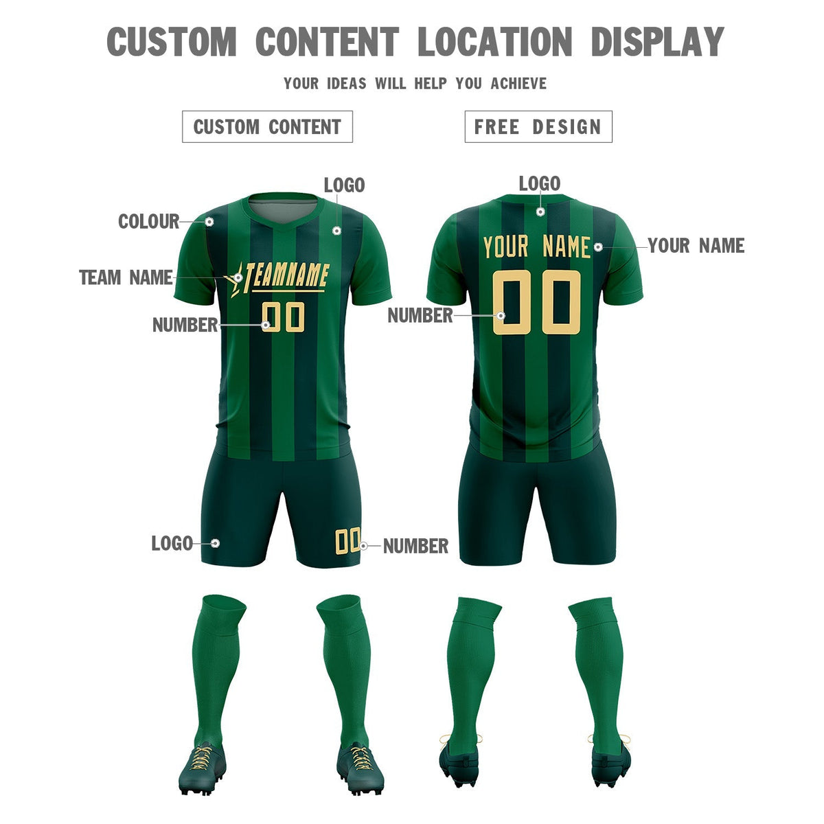 Custom Kelly Green Midnight Green Vertical Stripes Casual Outdoor Soccer Sets Jersey