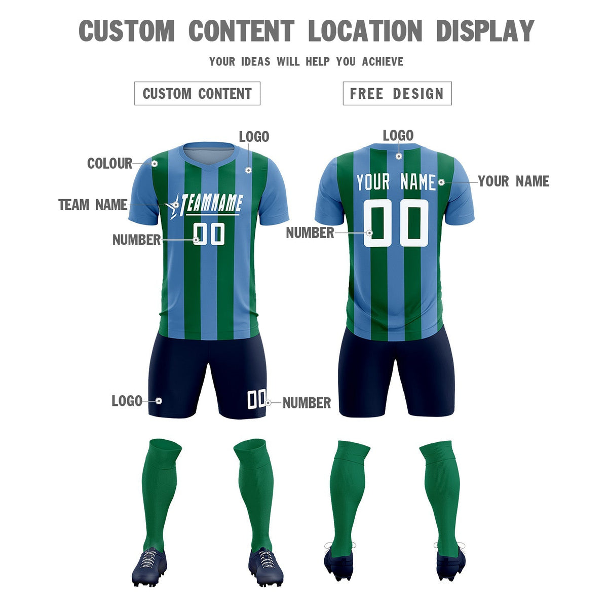 Custom Light Blue Kelly Green Vertical Stripes Casual Outdoor Soccer Sets Jersey
