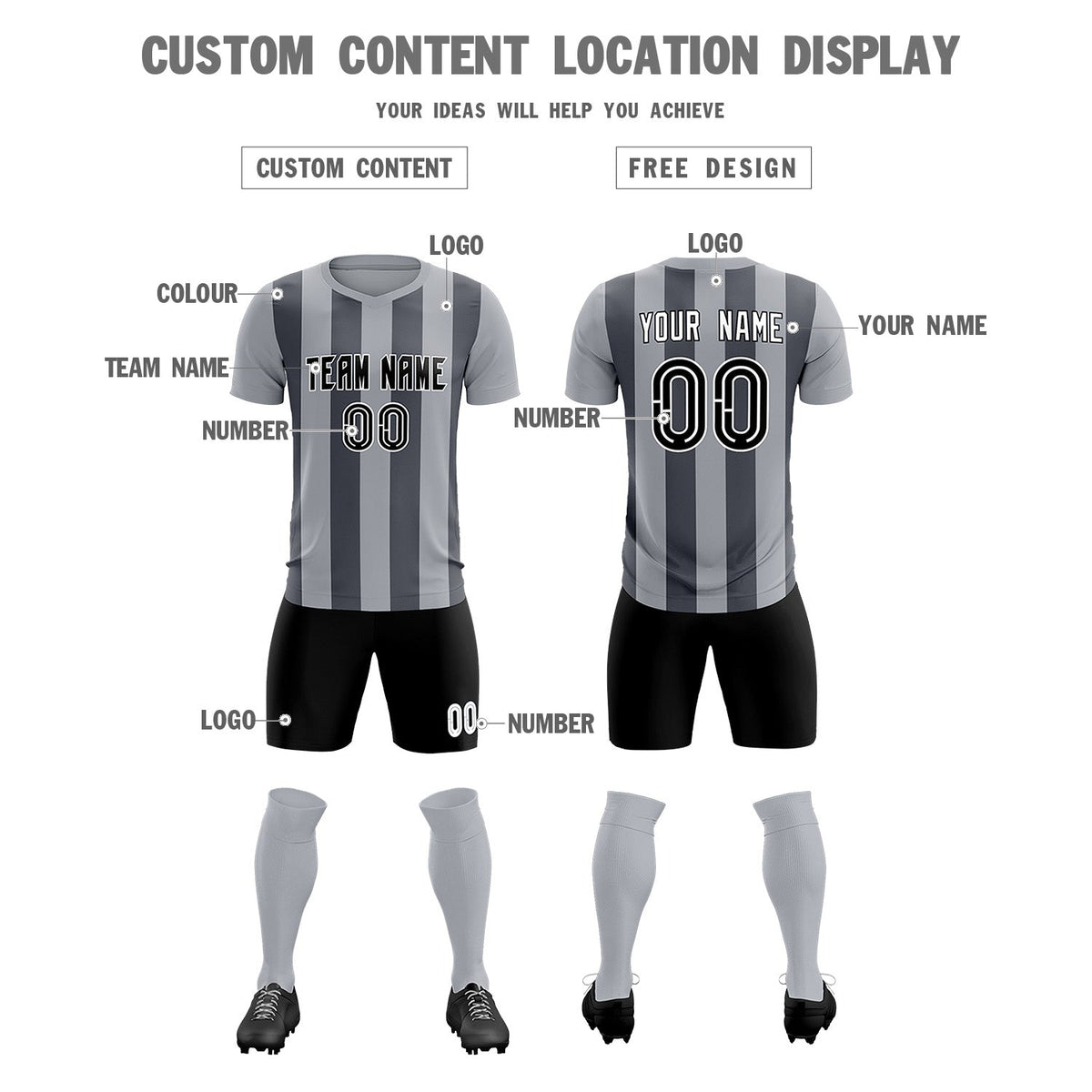 Custom Gray Dark Gray Vertical Stripes Casual Outdoor Soccer Sets Jersey