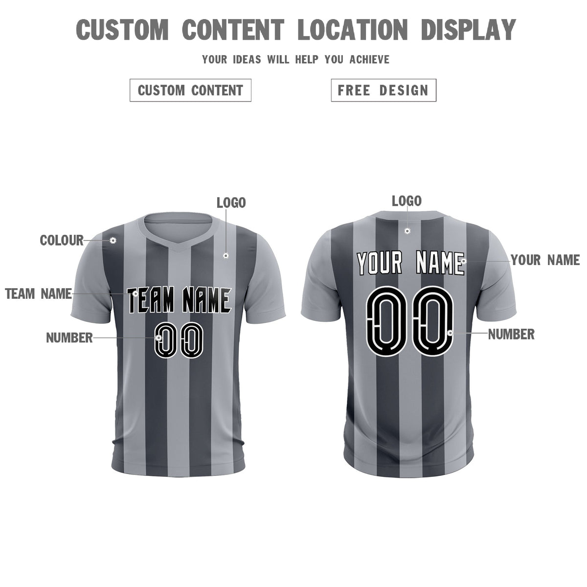 Custom Gray Dark Gray Vertical Stripes Casual Outdoor Soccer Sets Jersey