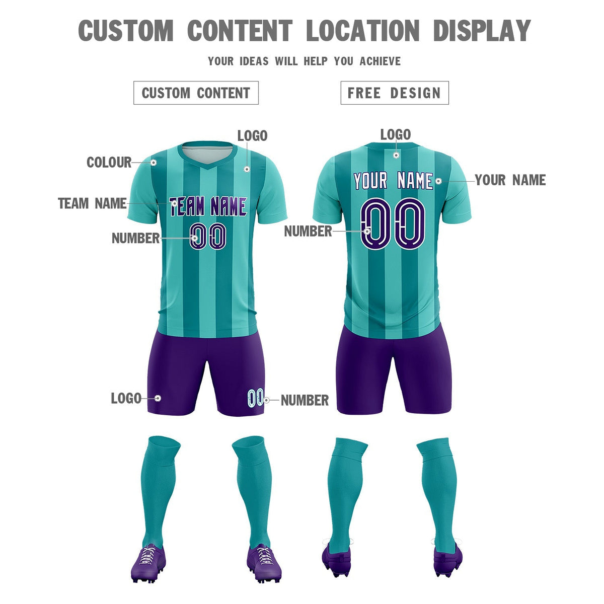Custom Bright Green Aqua Vertical Stripes Casual Outdoor Soccer Sets Jersey