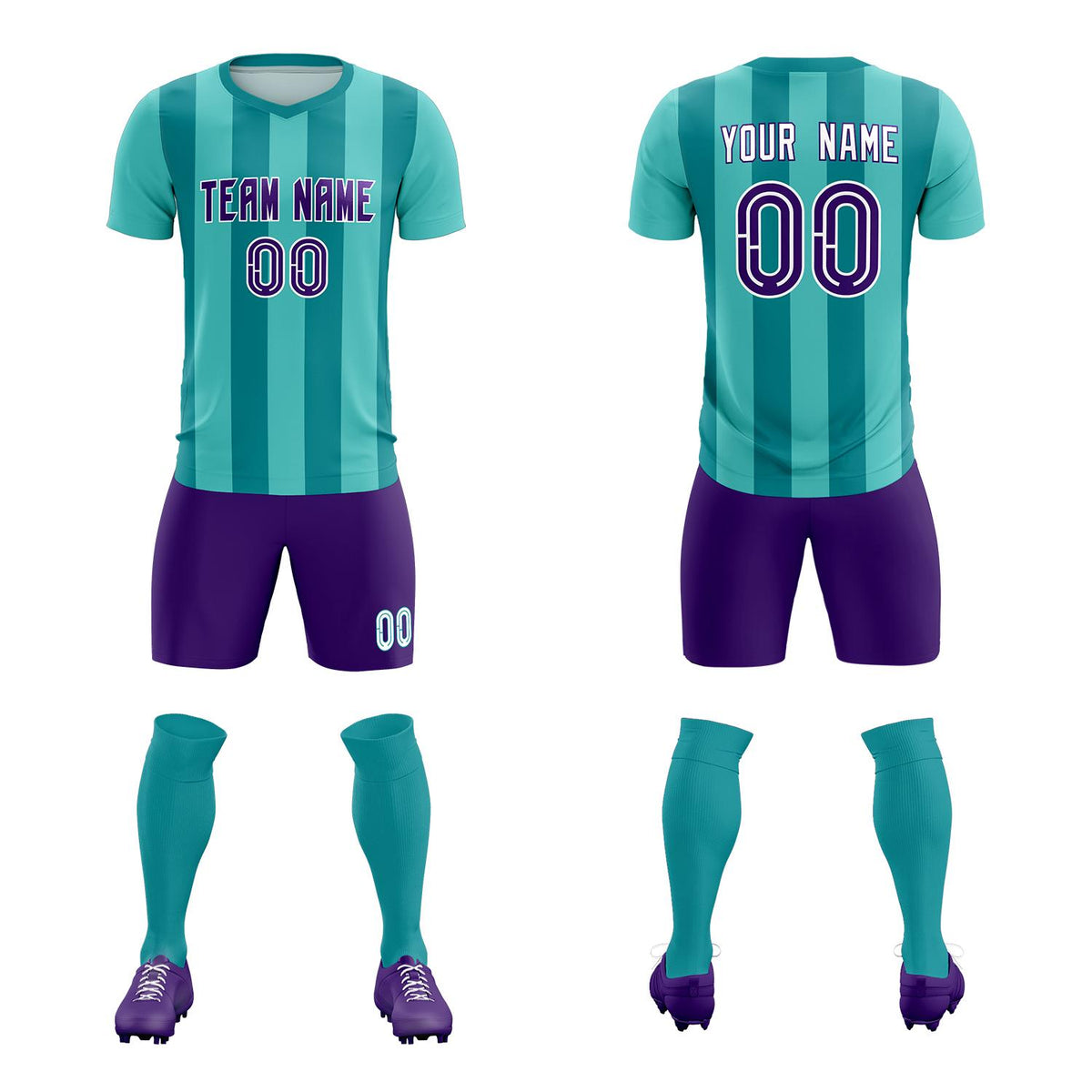 Custom Bright Green Aqua Vertical Stripes Casual Outdoor Soccer Sets Jersey