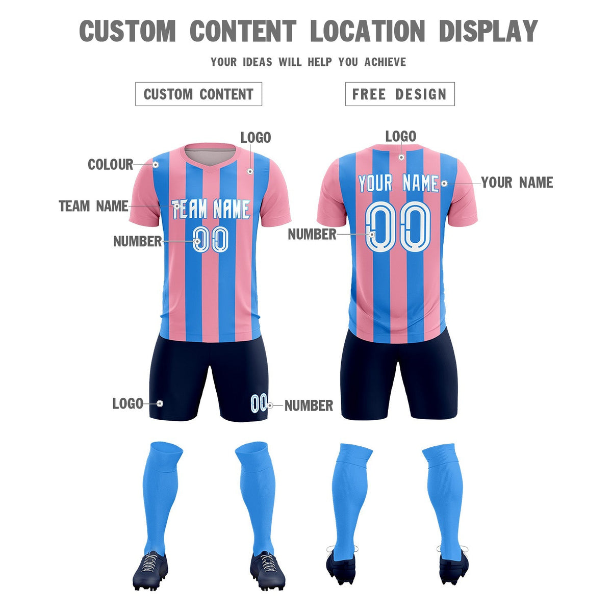 Custom Light Pink Powder Blue Vertical Stripes Casual Outdoor Soccer Sets Jersey
