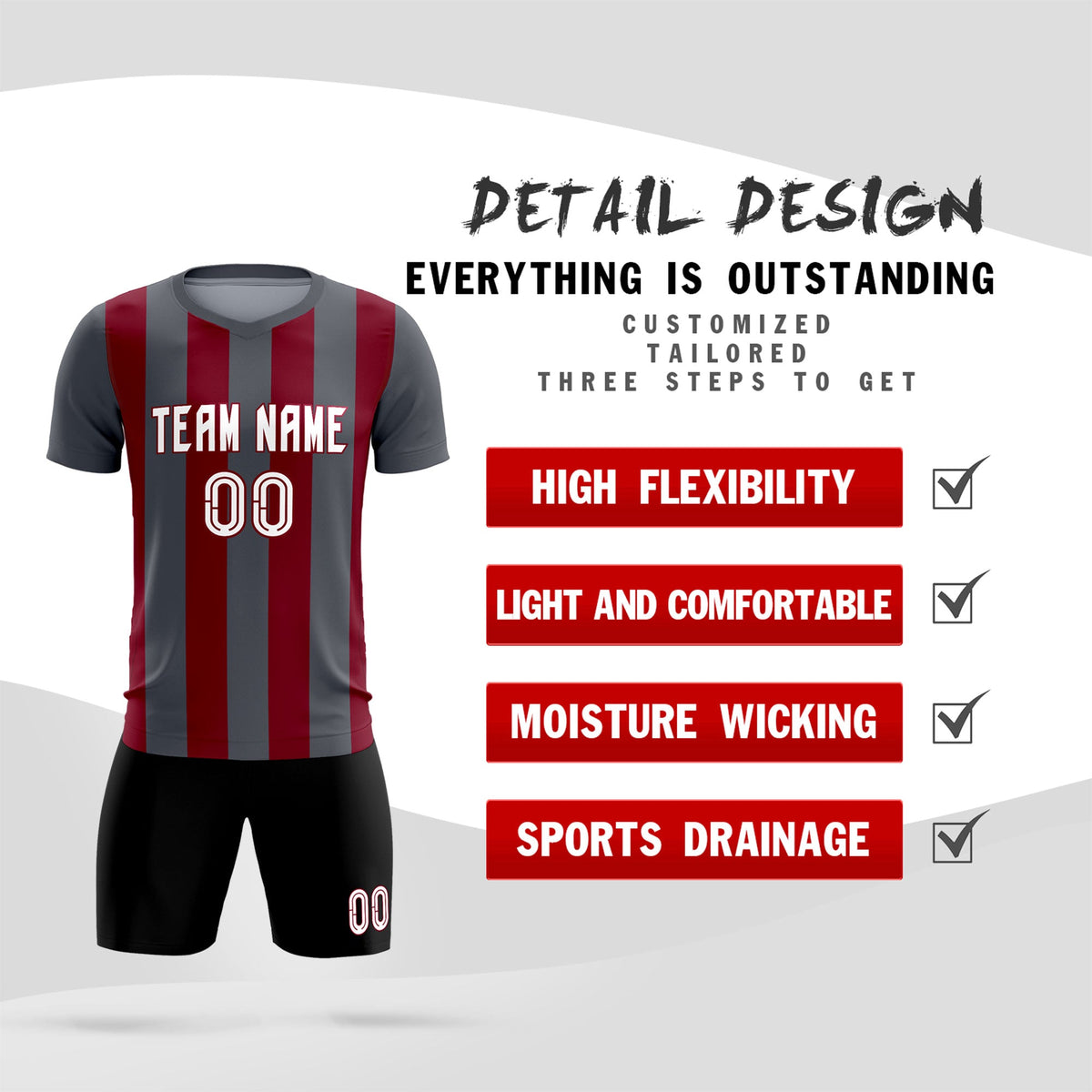 Custom Dark Gray Crimson Vertical Stripes Casual Outdoor Soccer Sets Jersey