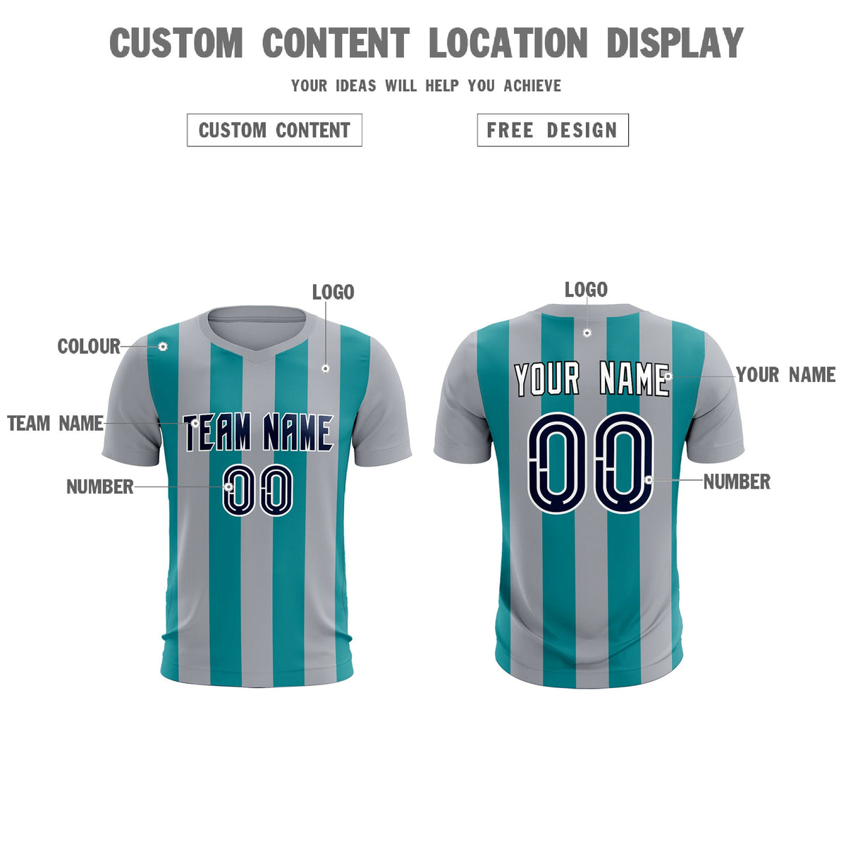 Custom Gray Aqua Vertical Stripes Casual Outdoor Soccer Sets Jersey