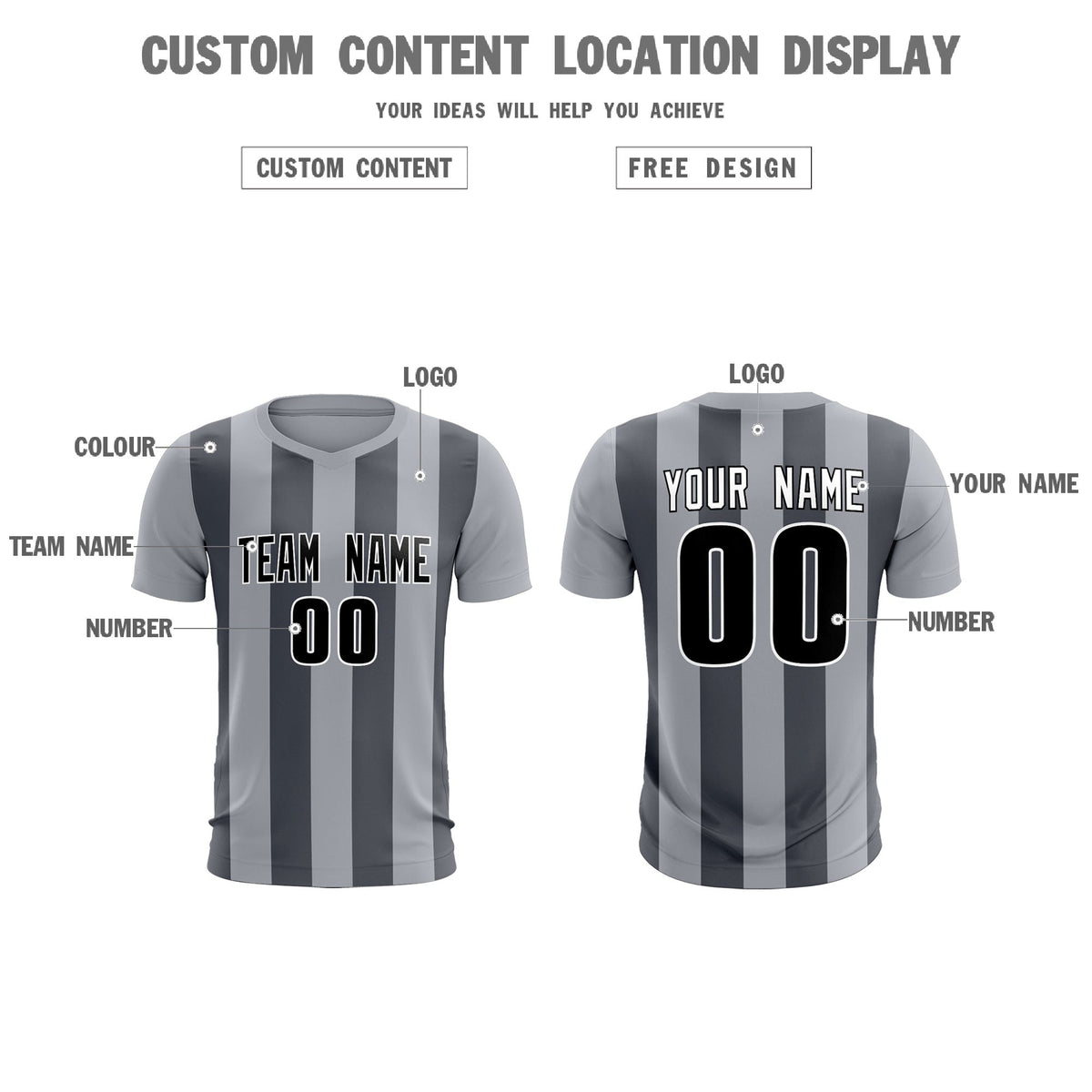 Custom Gray Dark Gray Vertical Stripes Casual Outdoor Soccer Sets Jersey