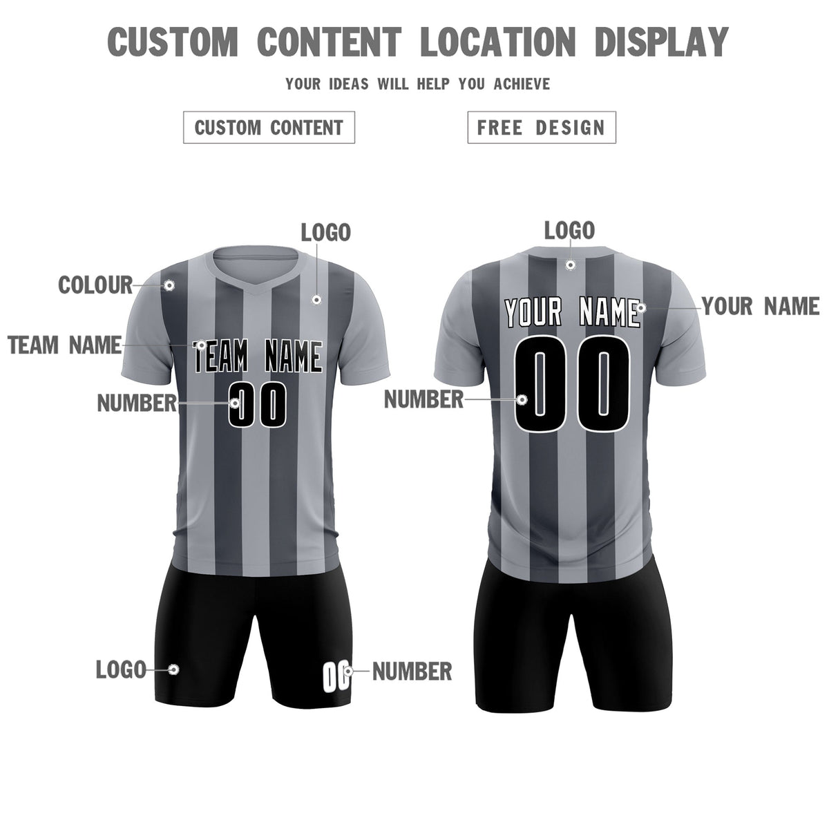 Custom Gray Dark Gray Vertical Stripes Casual Outdoor Soccer Sets Jersey