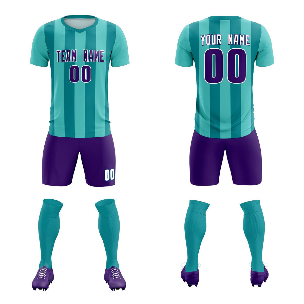 Custom Bright Green Aqua Vertical Stripes Casual Outdoor Soccer Sets Jersey