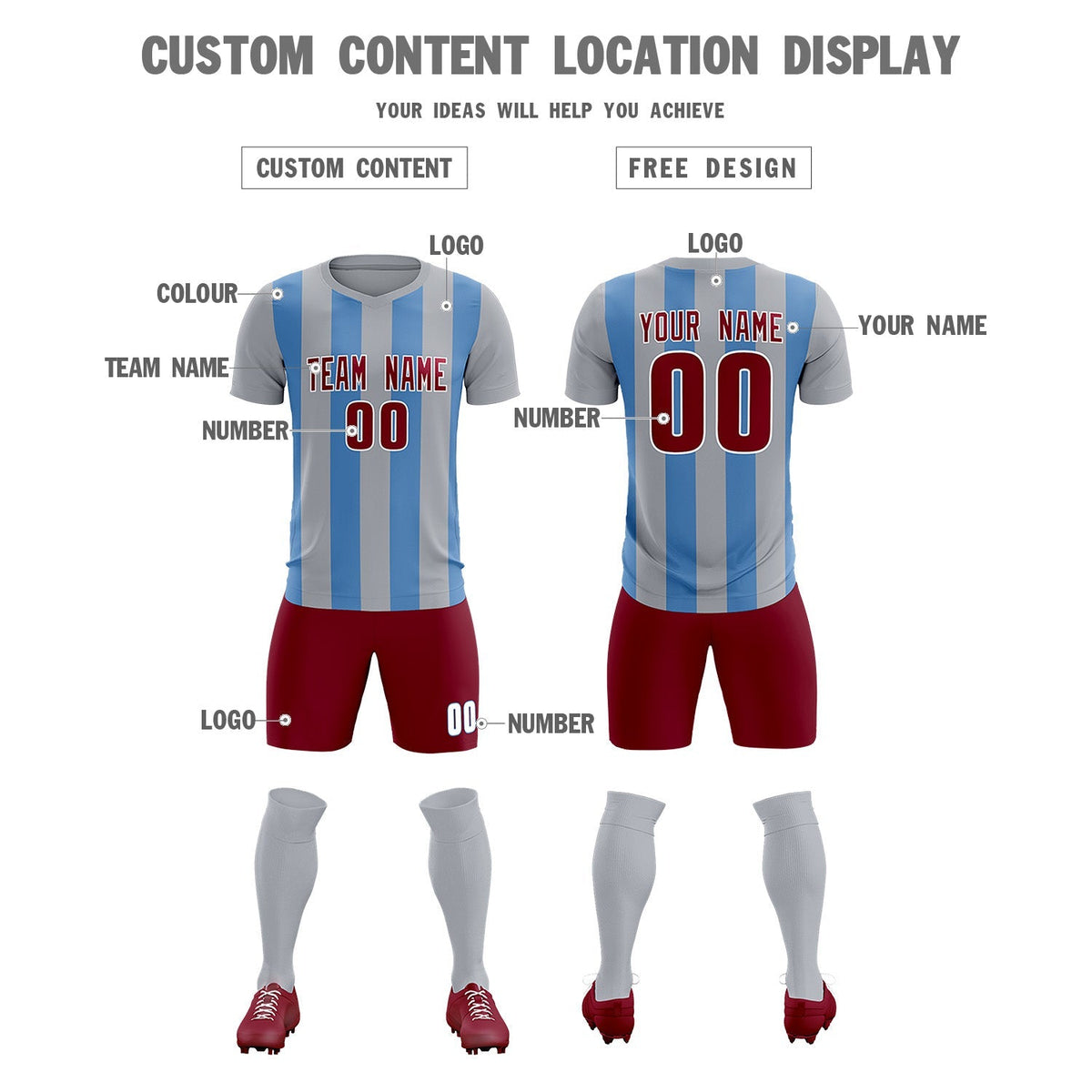 Custom Gray Light Blue Vertical Stripes Casual Outdoor Soccer Sets Jersey
