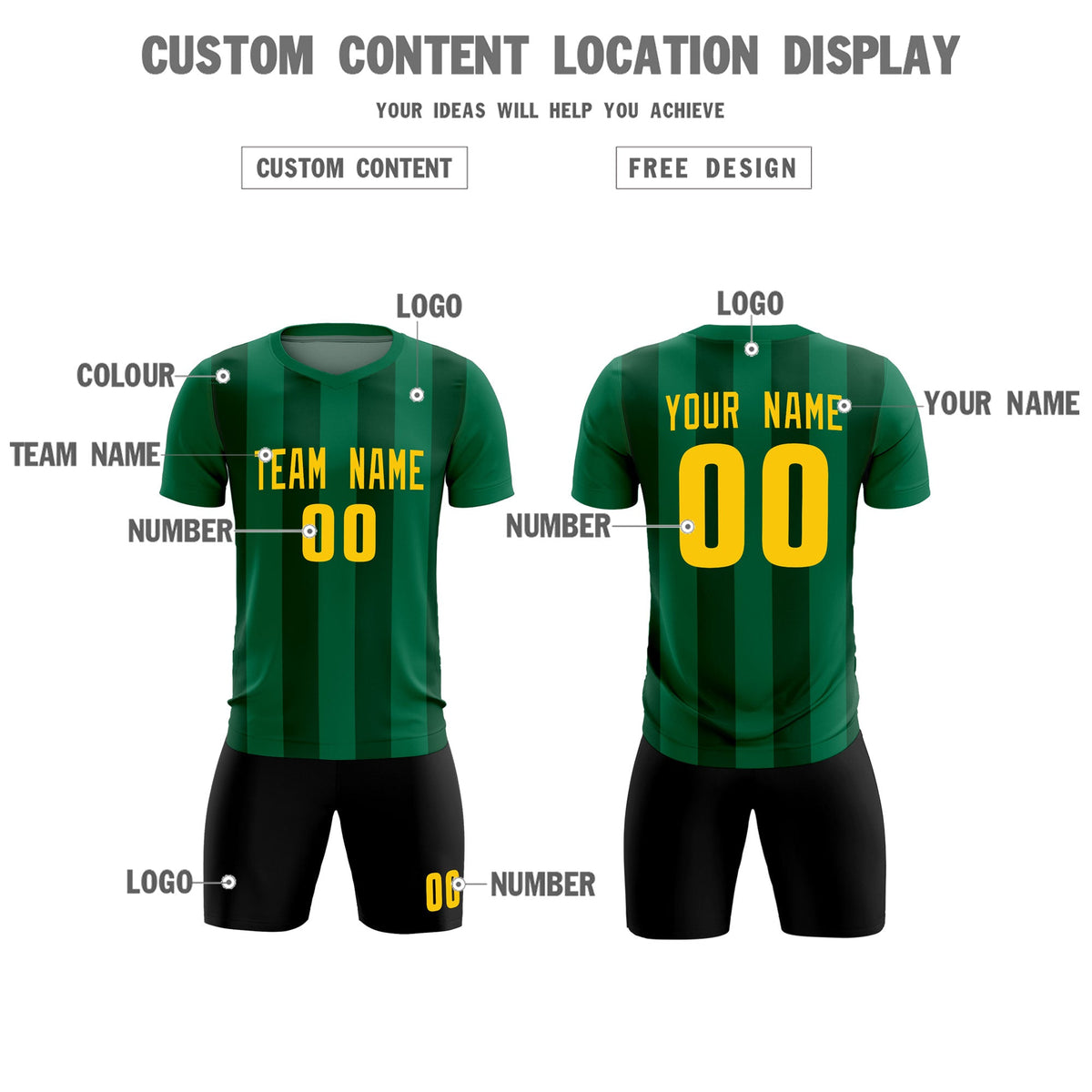 Custom Kelly Green Green Vertical Stripes Casual Outdoor Soccer Sets Jersey