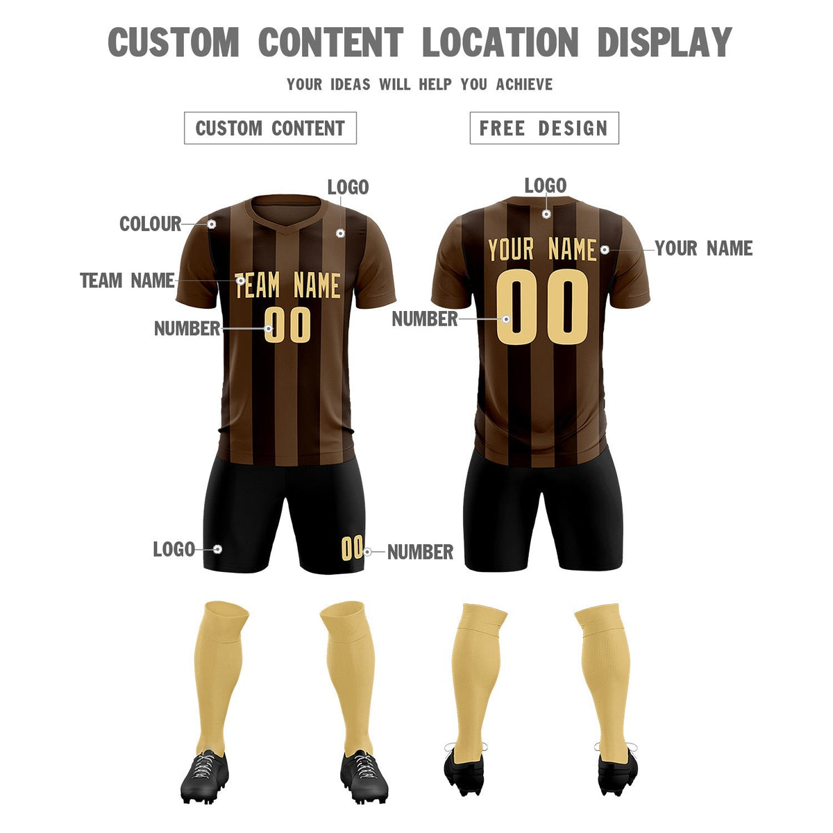 Custom Light Brown Brown Vertical Stripes Casual Outdoor Soccer Sets Jersey