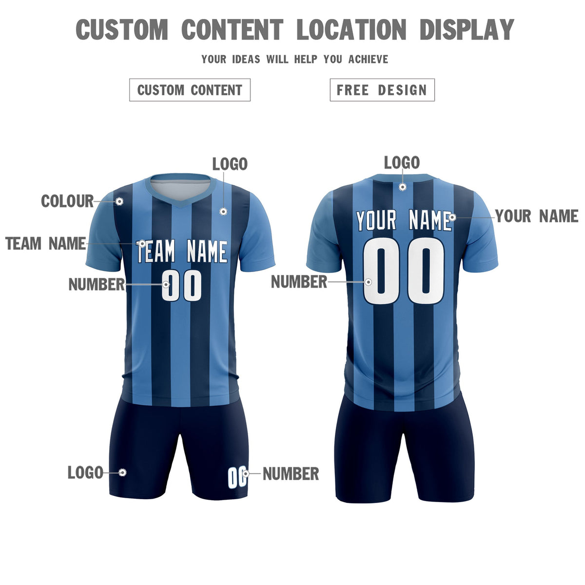 Custom Light Blue Midnight Blue Vertical Stripes Casual Outdoor Soccer Sets Jersey