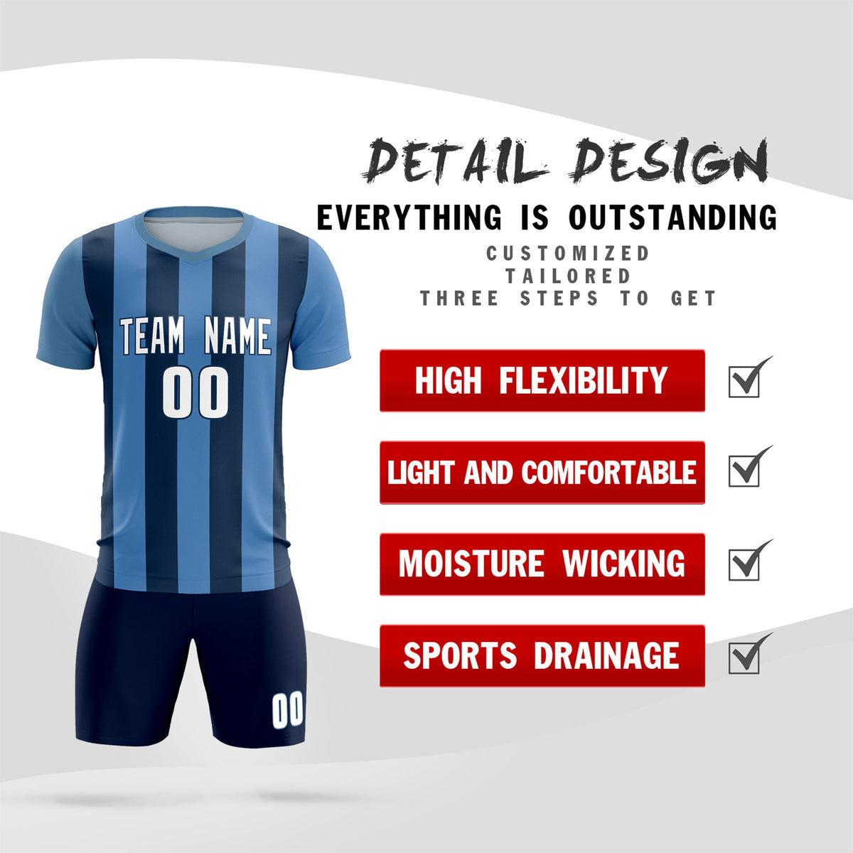 Custom Light Blue Midnight Blue Vertical Stripes Casual Outdoor Soccer Sets Jersey