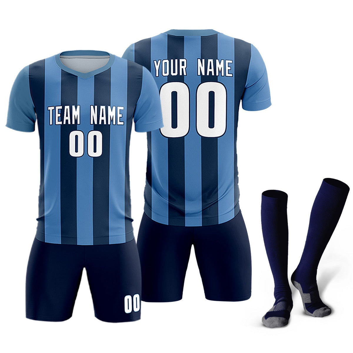 Custom Light Blue Midnight Blue Vertical Stripes Casual Outdoor Soccer Sets Jersey