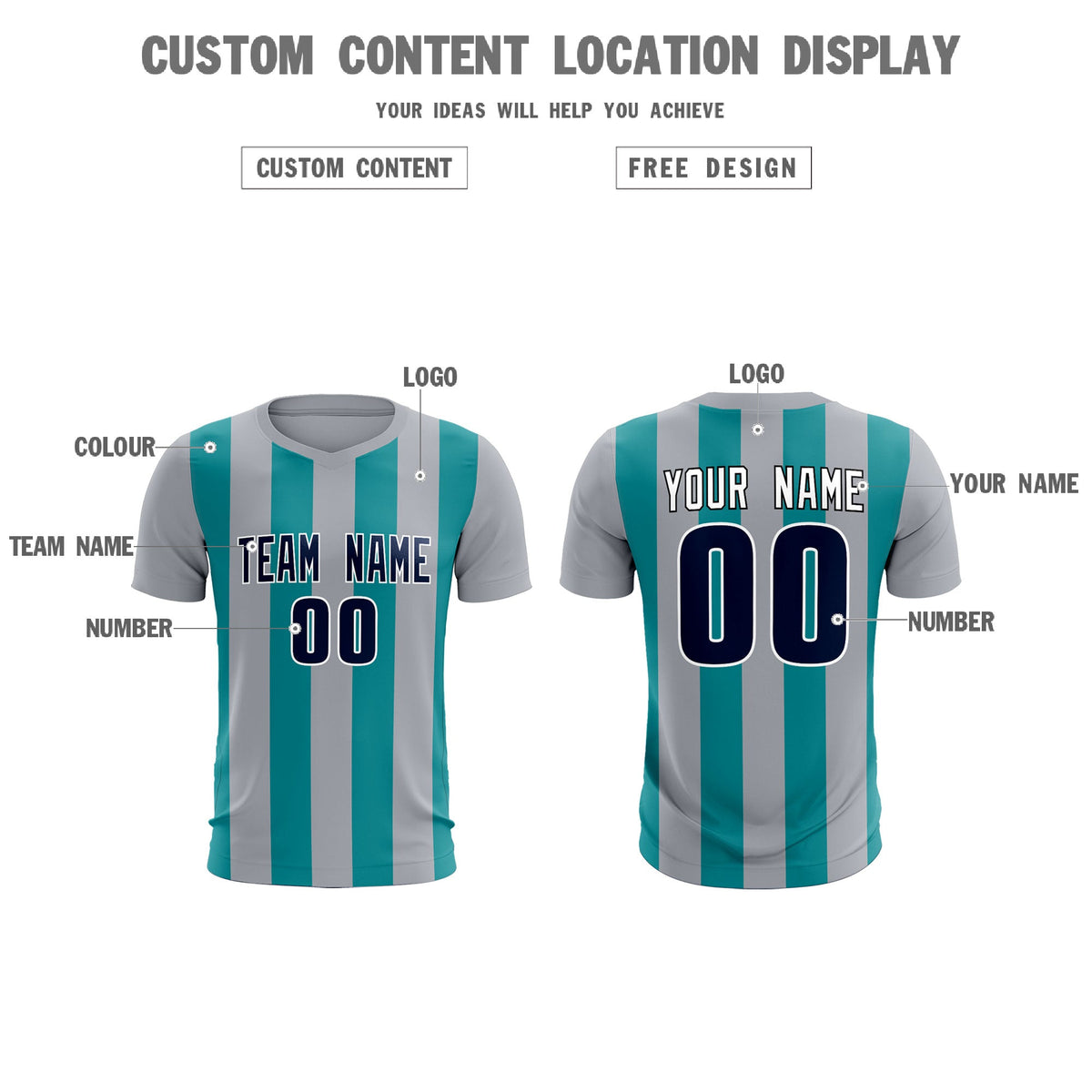 Custom Gray Aqua Vertical Stripes Casual Outdoor Soccer Sets Jersey