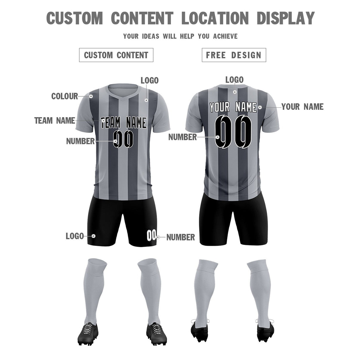 Custom Gray Dark Gray Vertical Stripes Casual Outdoor Soccer Sets Jersey