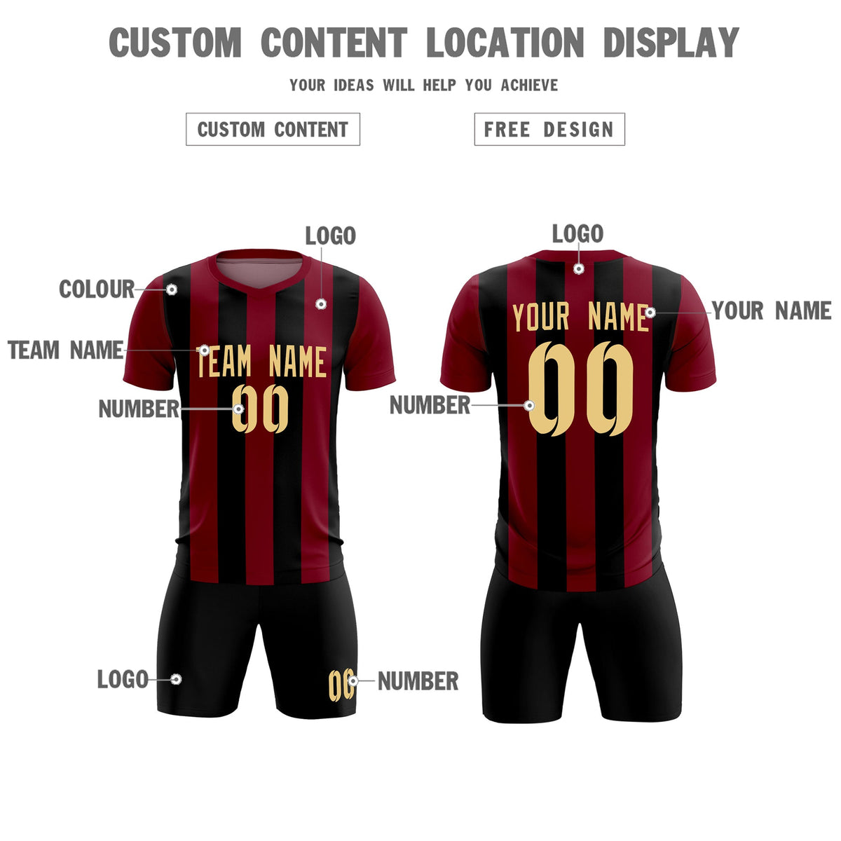 Custom Crimson Black Vertical Stripes Casual Outdoor Soccer Sets Jersey