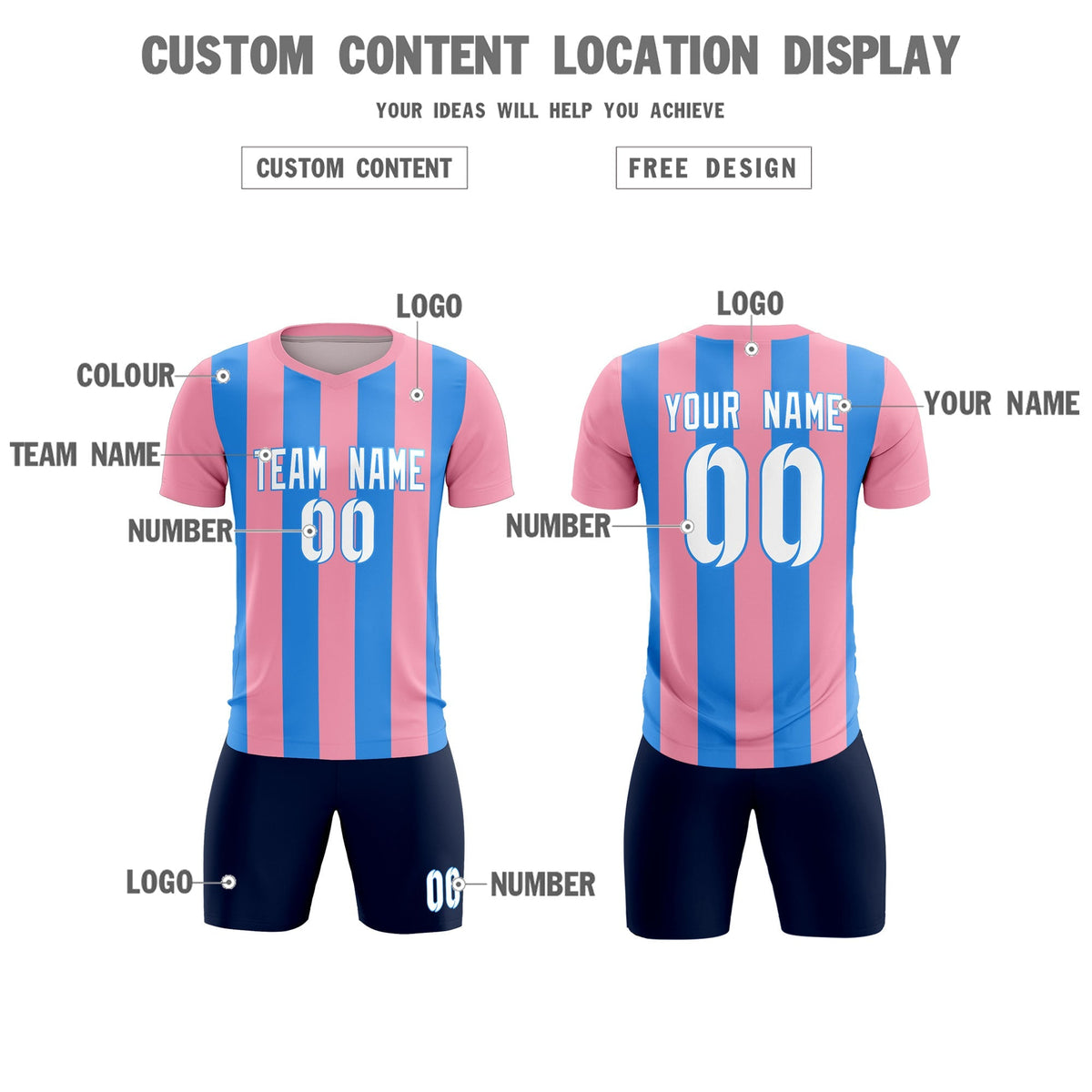 Custom Light Pink Powder Blue Vertical Stripes Casual Outdoor Soccer Sets Jersey
