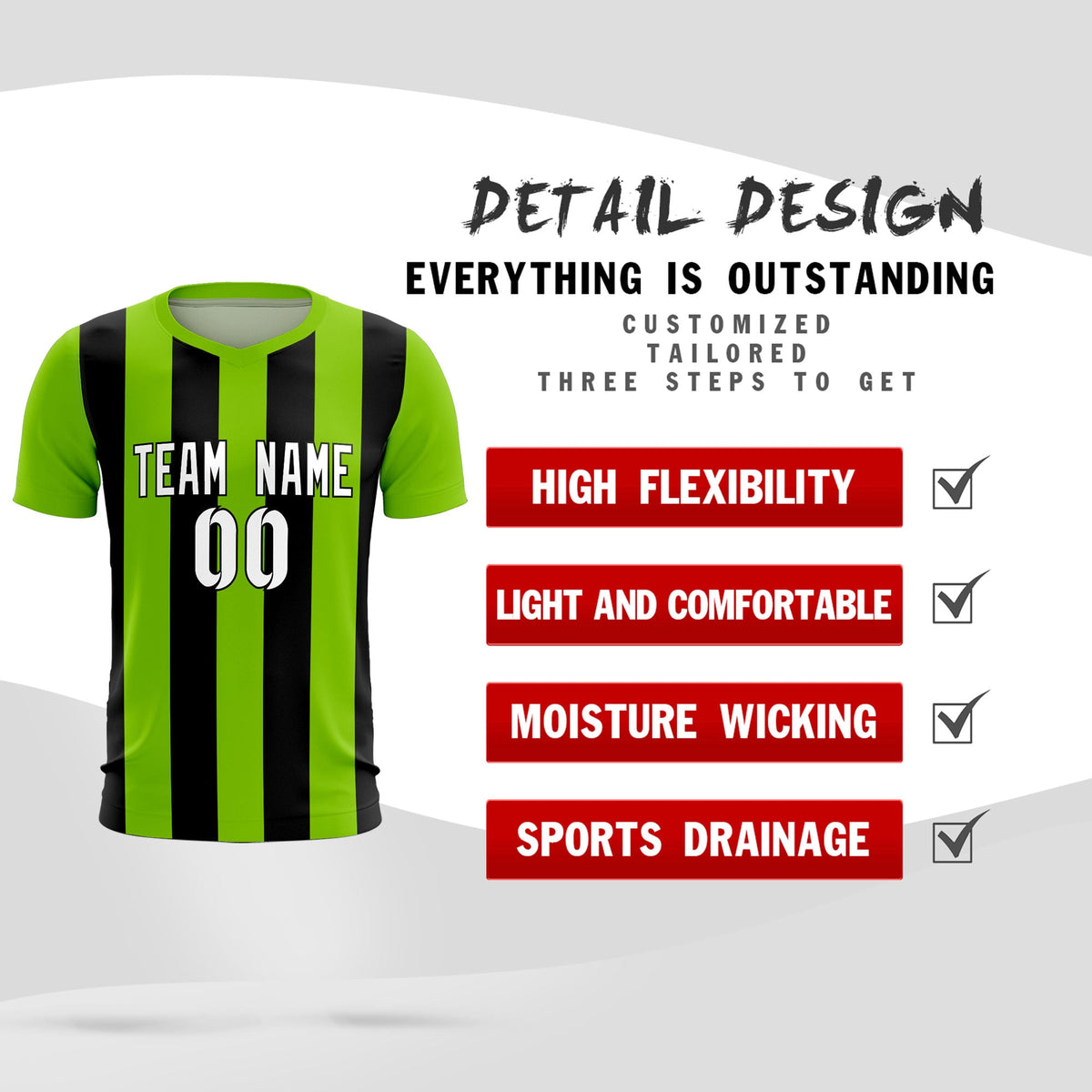 Custom Neon Green Black Vertical Stripes Casual Outdoor Soccer Sets Jersey