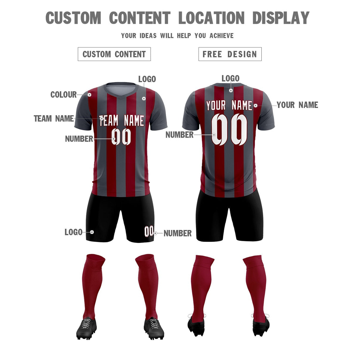 Custom Dark Gray Crimson Vertical Stripes Casual Outdoor Soccer Sets Jersey