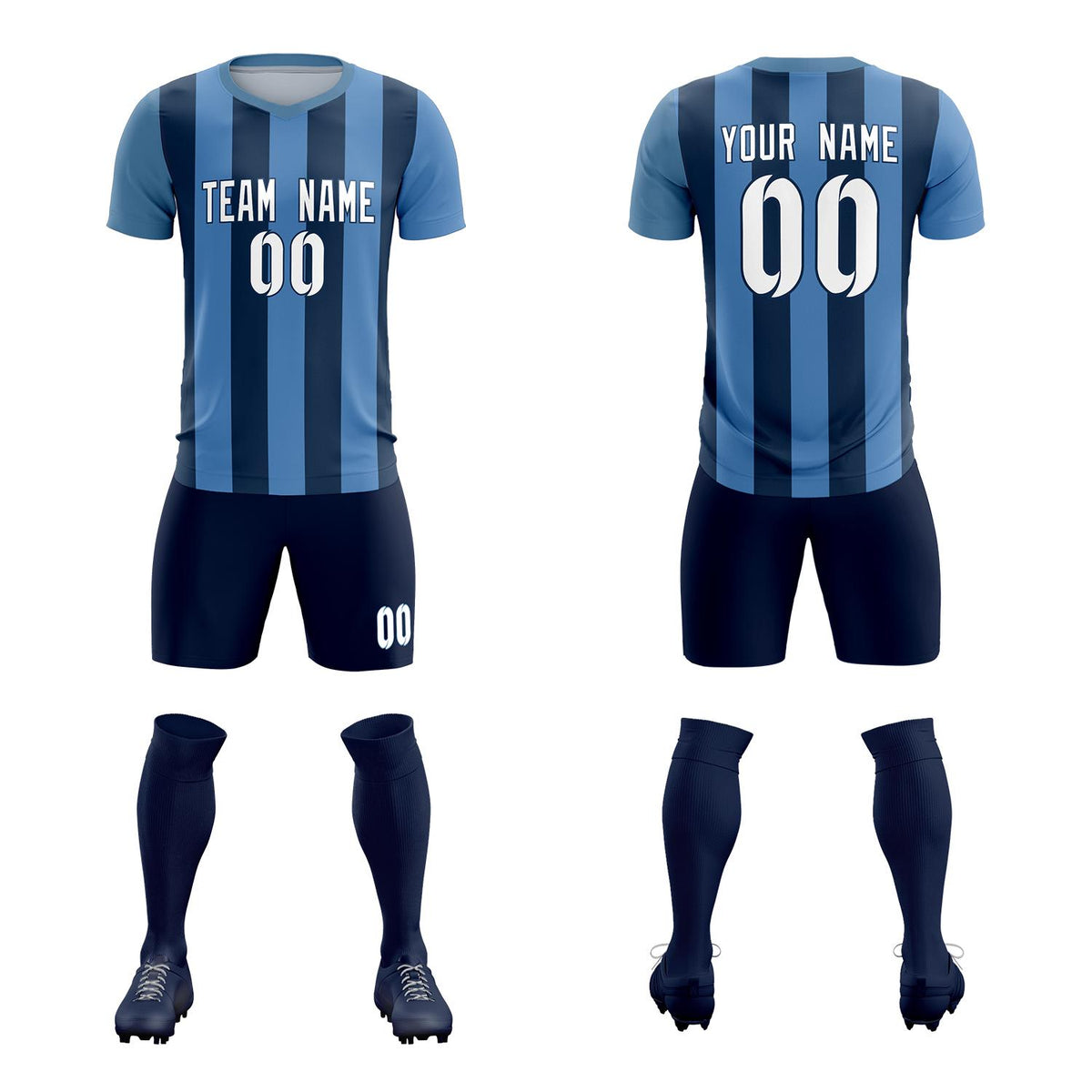 Custom Light Blue Midnight Blue Vertical Stripes Casual Outdoor Soccer Sets Jersey