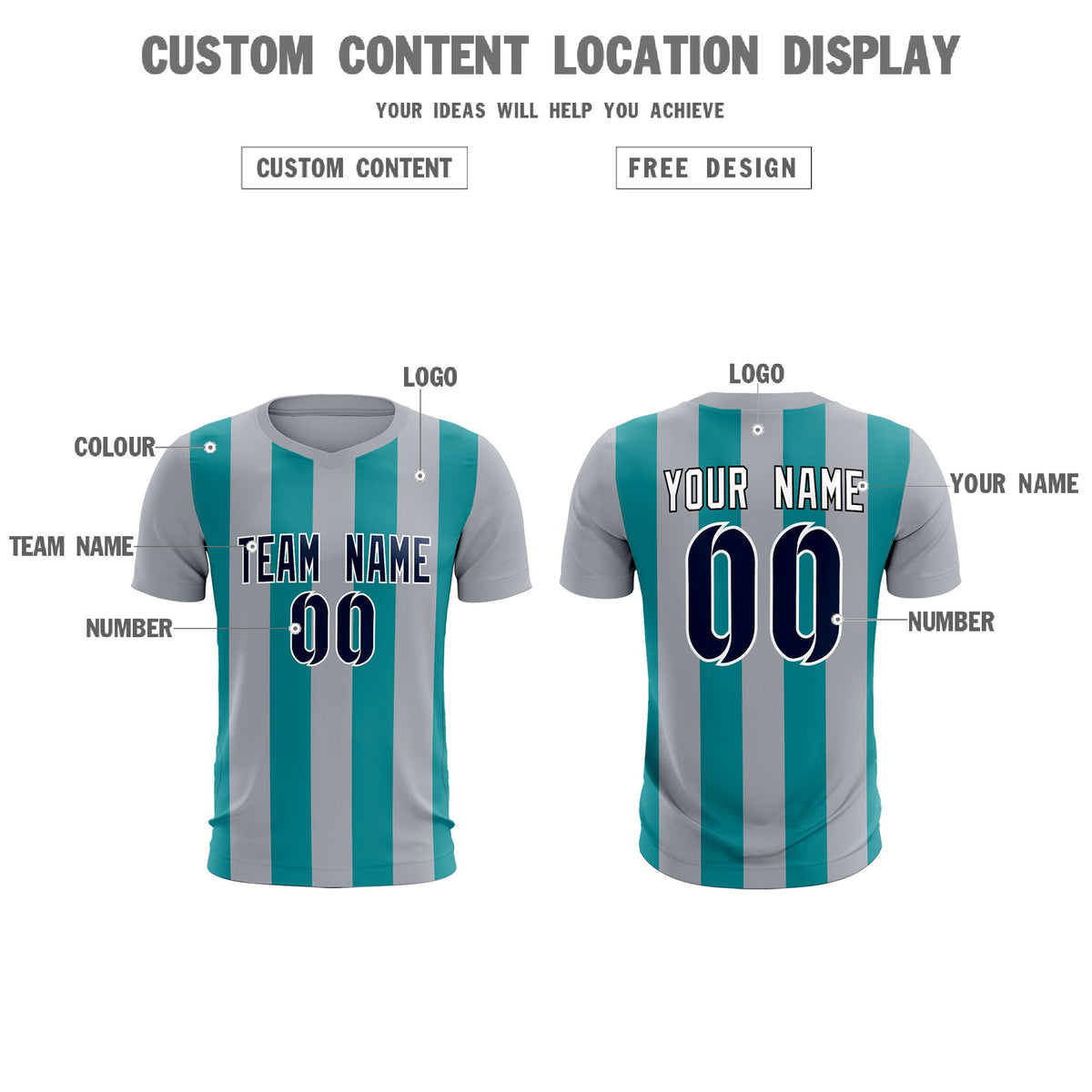 Custom Gray Aqua Vertical Stripes Casual Outdoor Soccer Sets Jersey