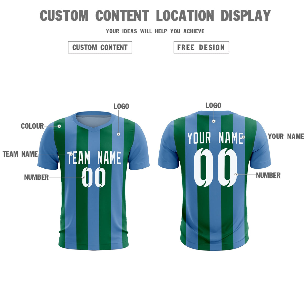 Custom Light Blue Kelly Green Vertical Stripes Casual Outdoor Soccer Sets Jersey